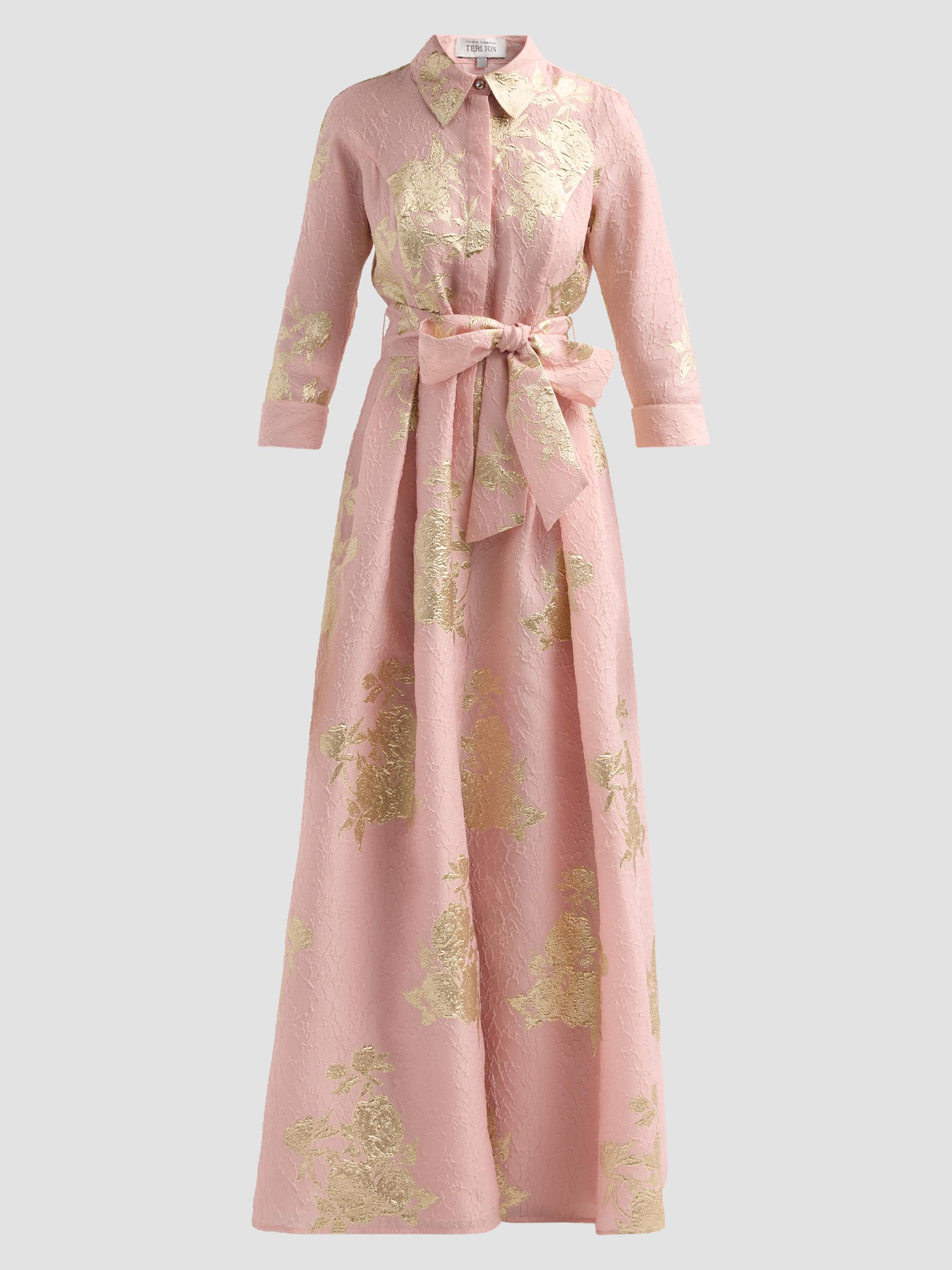Teri Jon by Rickie Freeman Women's Metallic Floral Jacquard Shirtwaist Gown - Pink Gold | Thumbnail 6