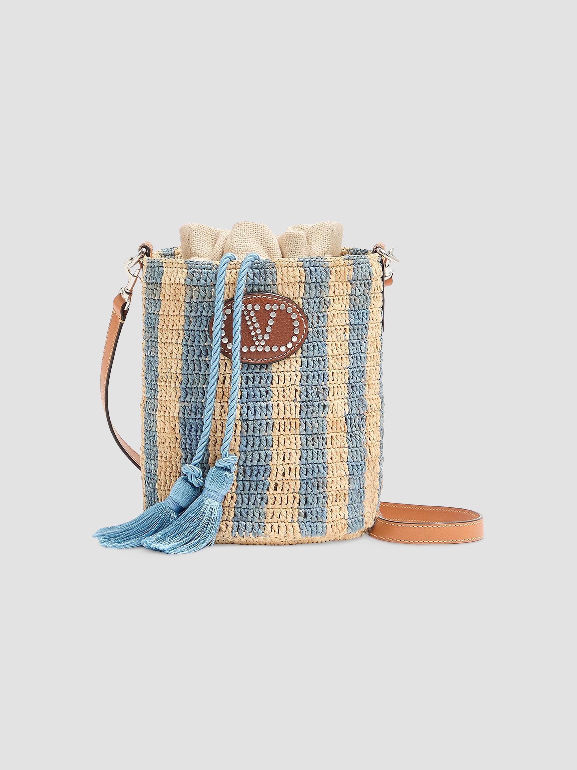 Valentino Garavani Women's  Bucket Bag in Striped Raffia - Natural Azure | Thumbnail 8