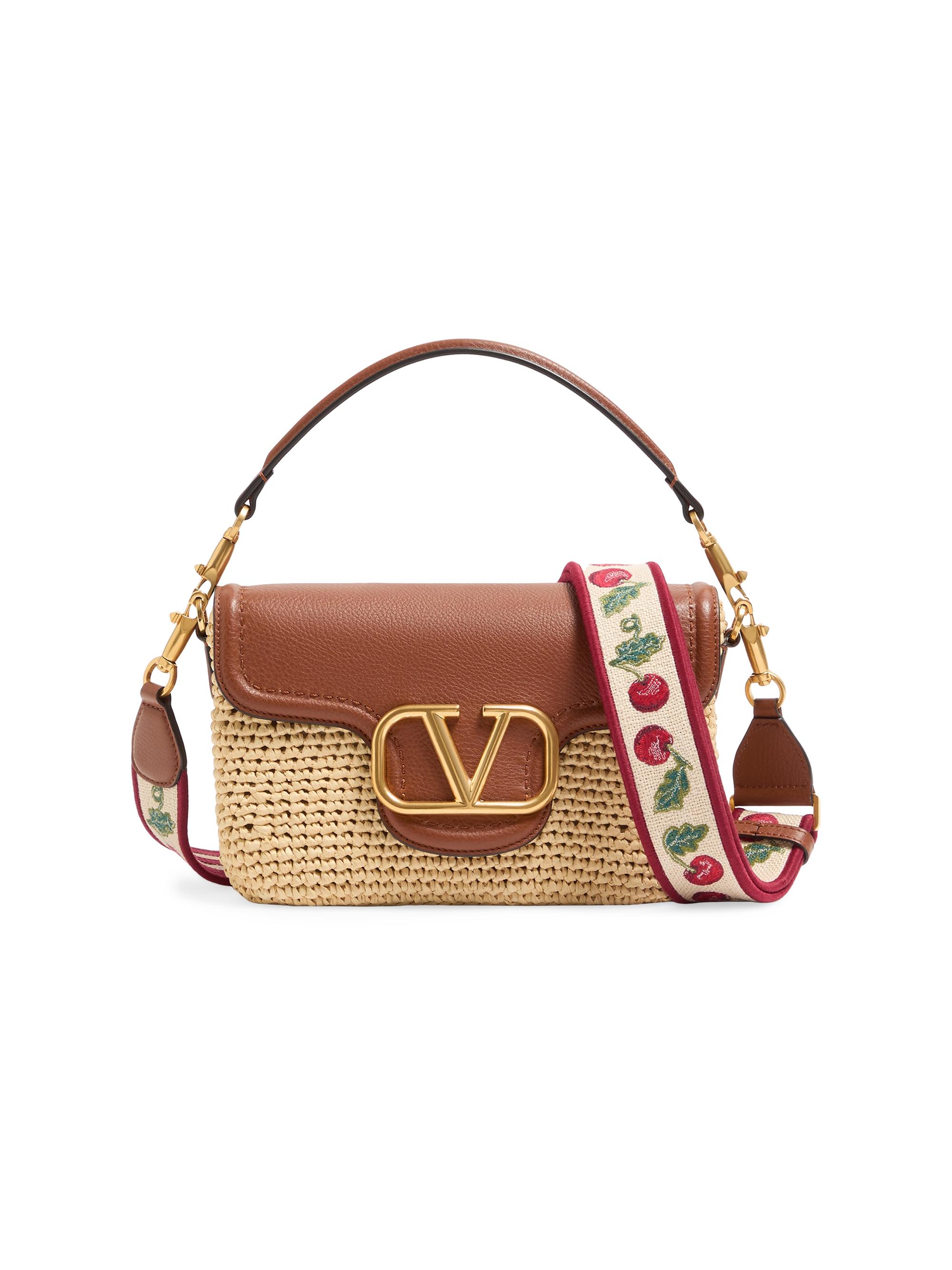 Valentino Garavani Women's All time Shoulder Bag in Raffia and Grainy Calfskin - Saddle Brown