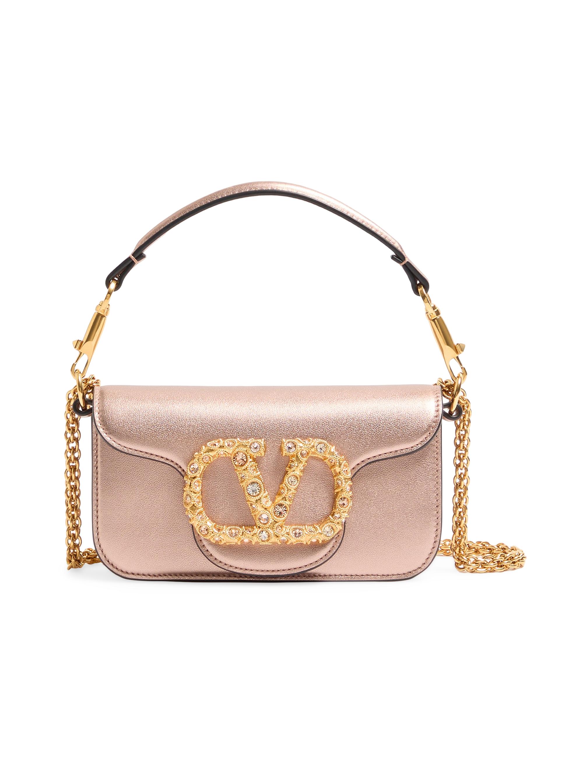 Valentino Garavani Women's Locò  Shoulder Bag in Laminated Calfskin with Jewel Logo - Rose Cannelle