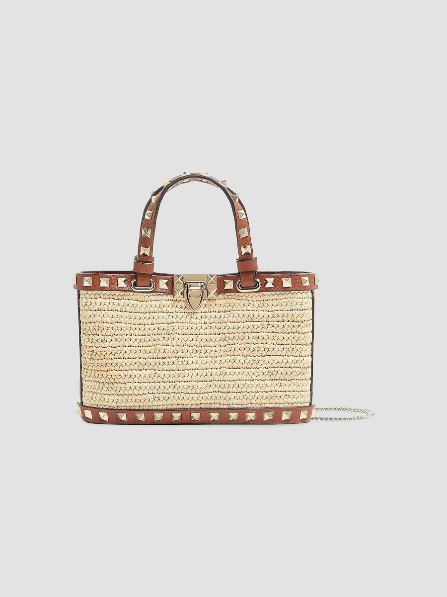 Valentino Garavani Mini Rockstud Top Handle Bag in Raffia | Saks