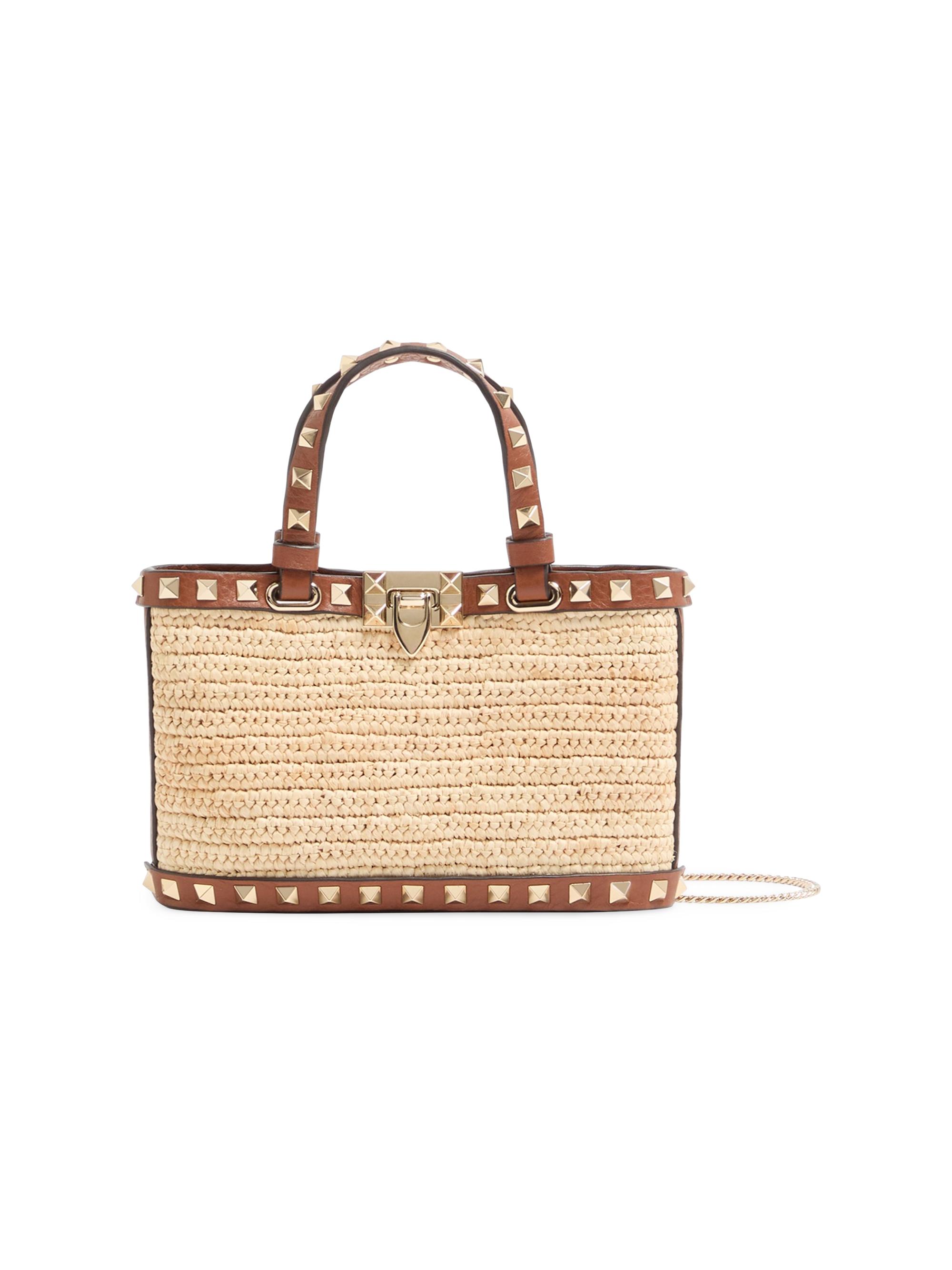 Valentino Garavani Women's Mini Rockstud Top Handle Bag in Raffia - Natural