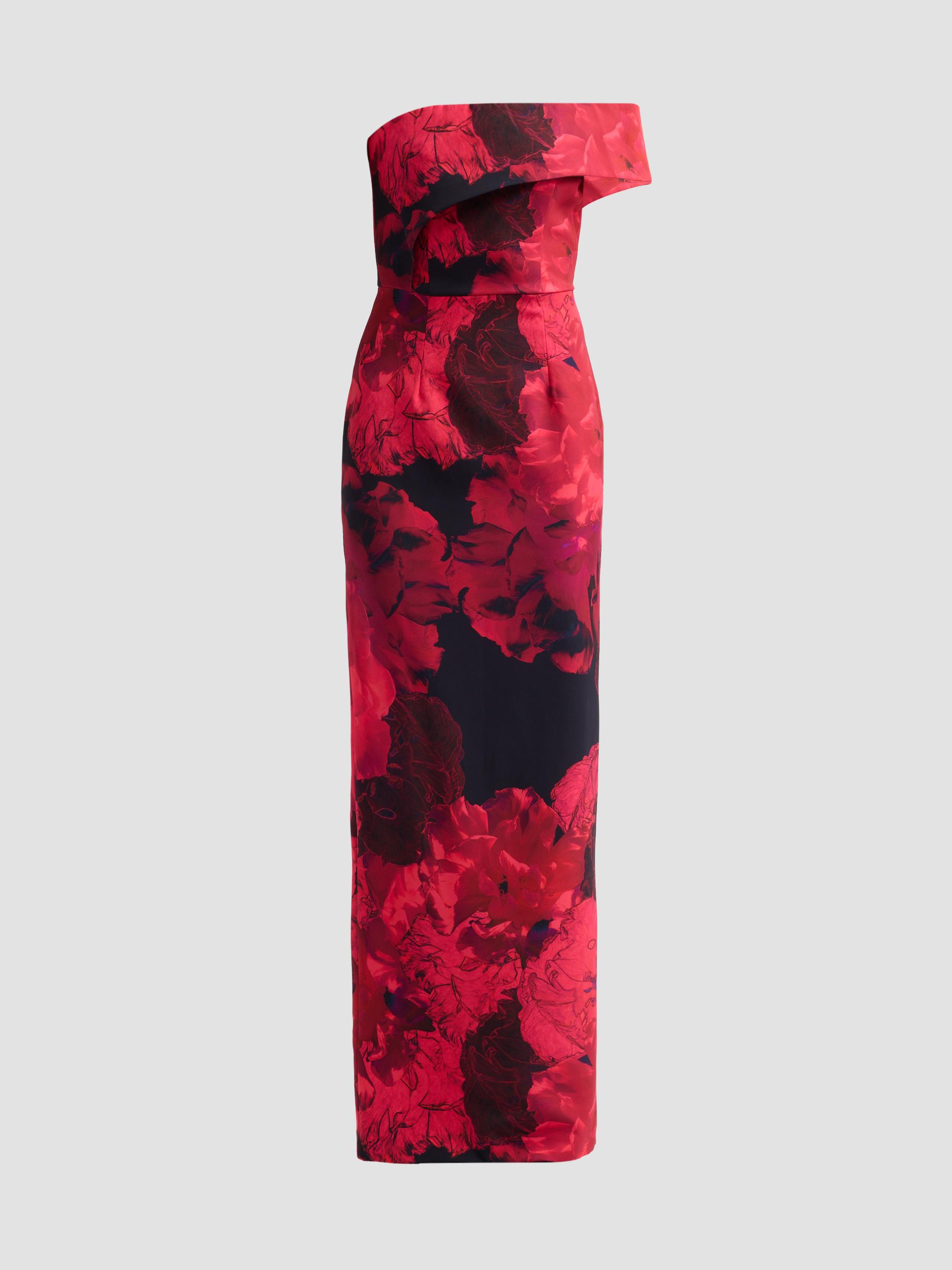 black halo floral dress Leona Cold-Shoulder Sheath slit column skirt adds