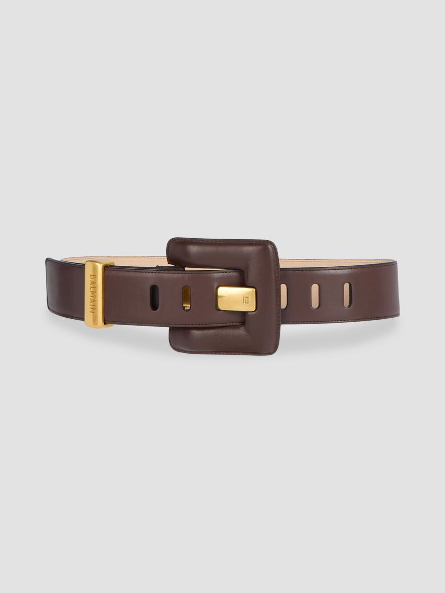 Balmain Women's Logo Leather Belt In Marron Fonce