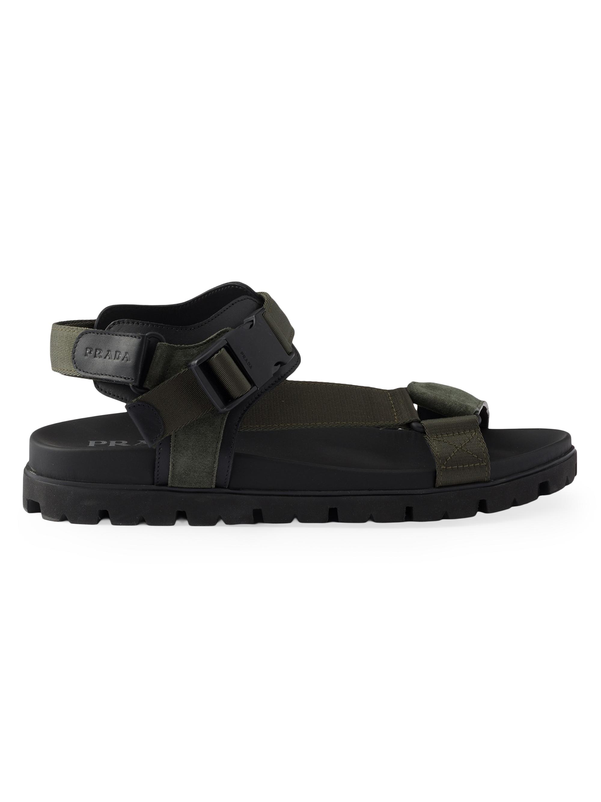 Prada Men's Suede and Woven Tape Sporty Sandals - Green