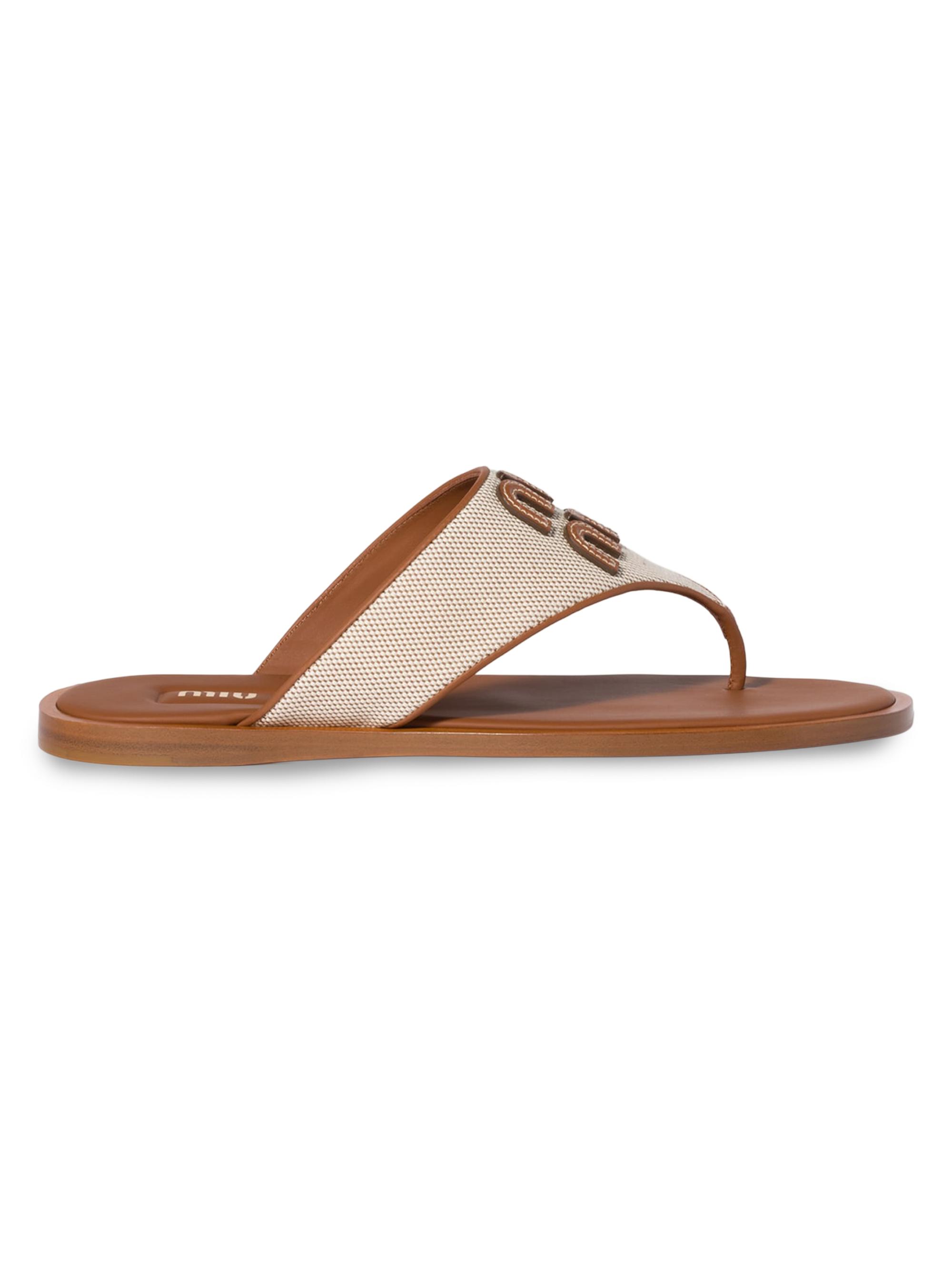Miu Miu Women's Canvas and Leather Thong Sandals - Beige Khaki