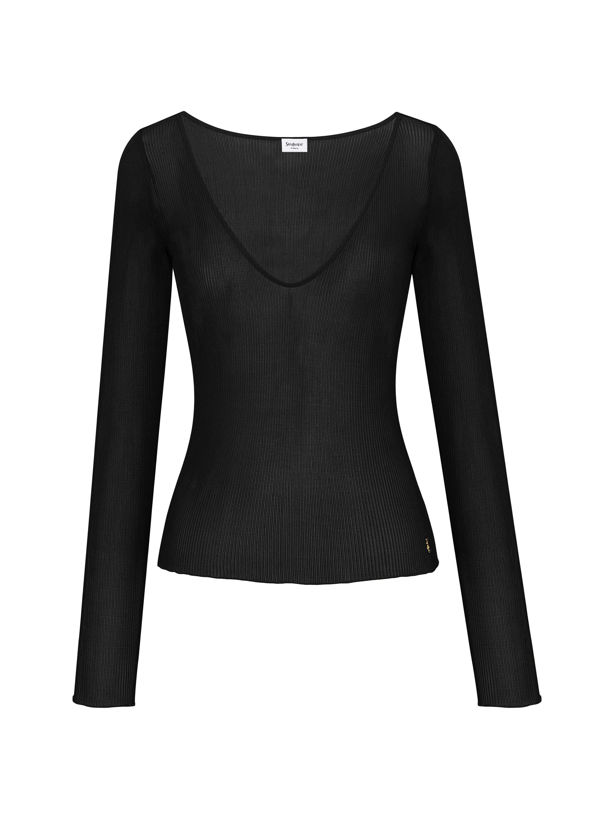 Saint Laurent Women's Cassandre V-neck Top in Ribbed Silk - Noir