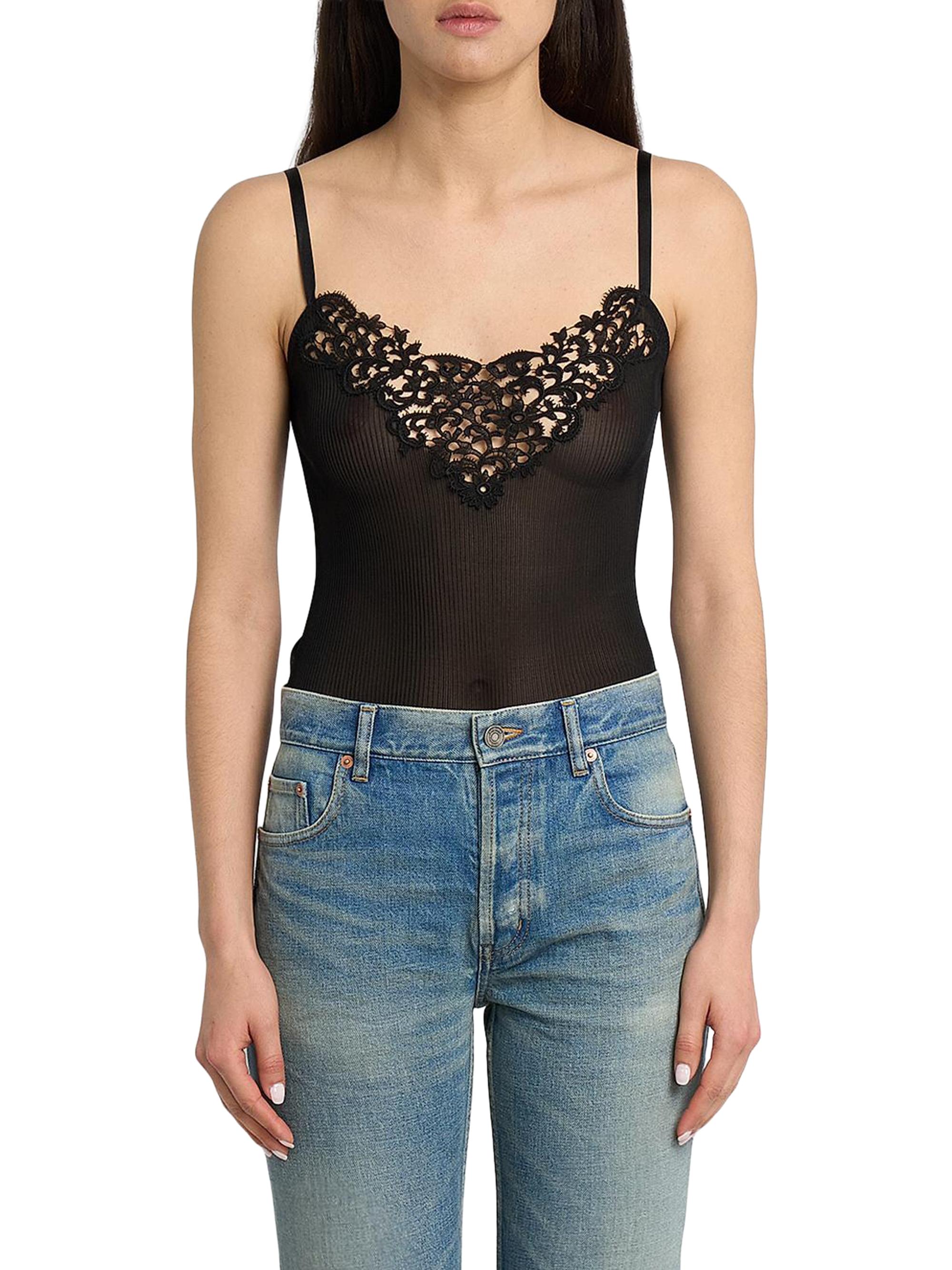 Saint Laurent Women's Guipure Tank Top in Ribbed Silk - Noir | Thumbnail 3