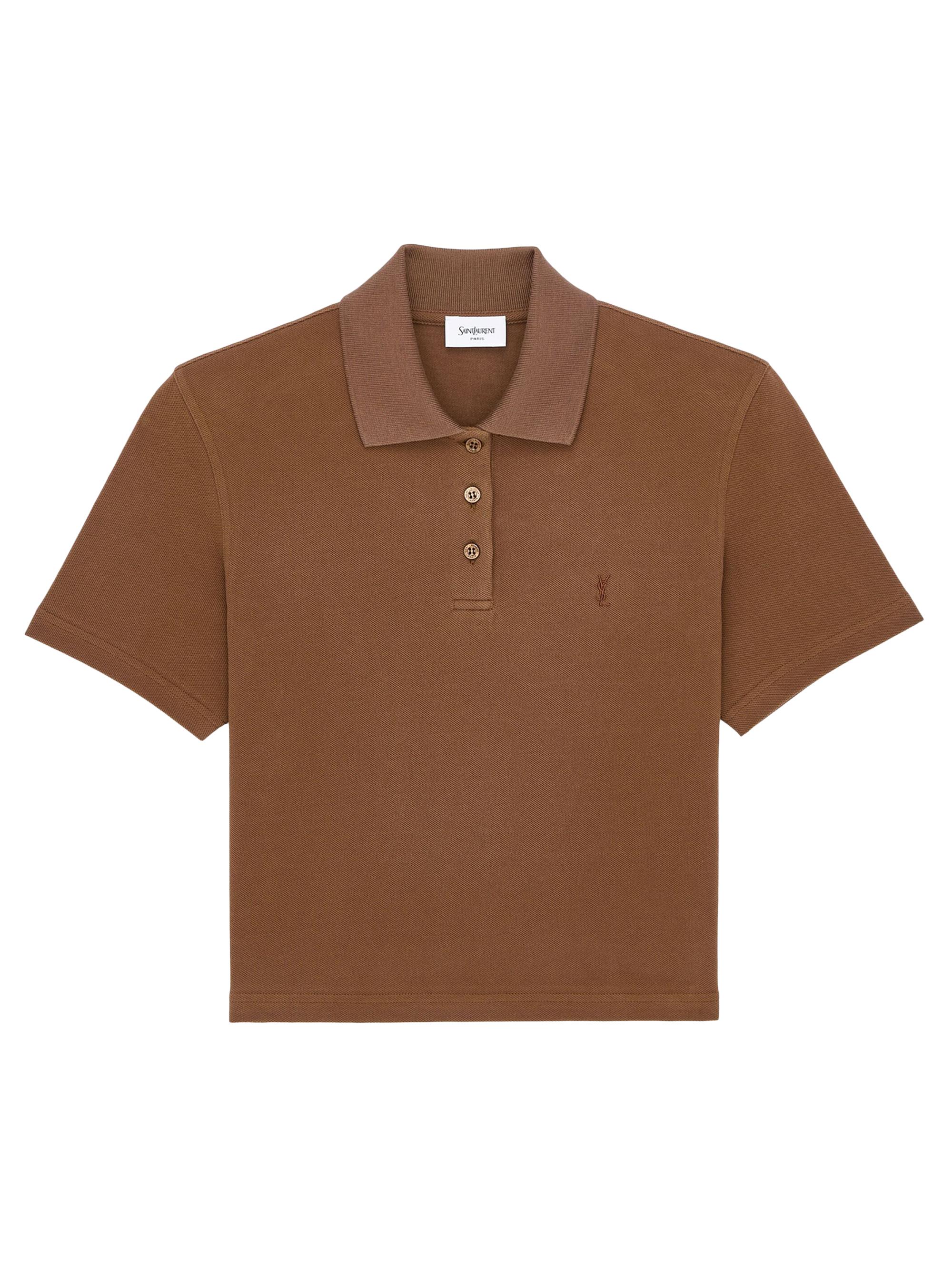 Saint Laurent Women's Cassandre Cropped Polo Shirt in Cotton Pique - Caramel