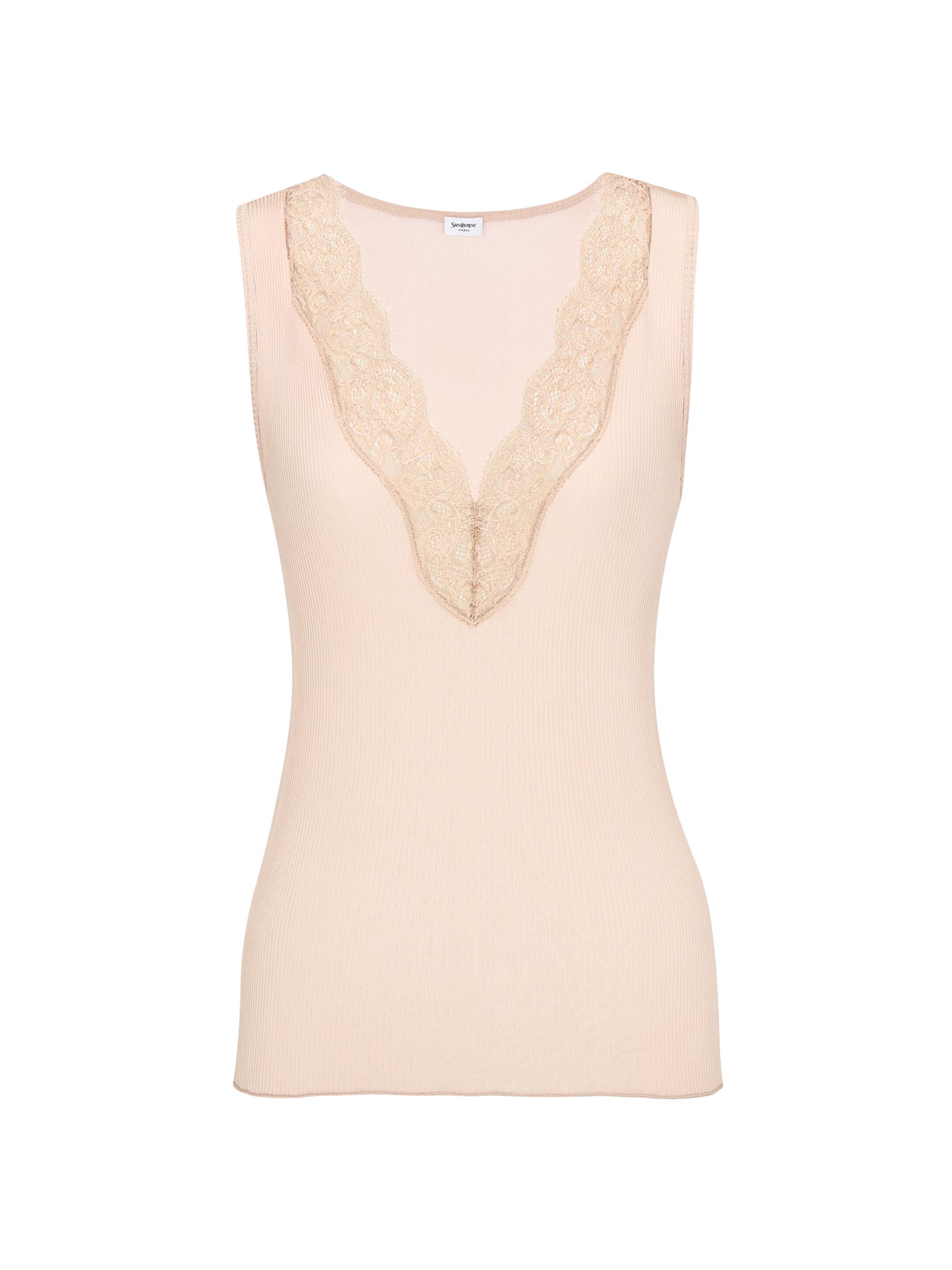 Saint Laurent Women's Laced Tank Top in Ribbed Silk - Beige - Women's Clothing