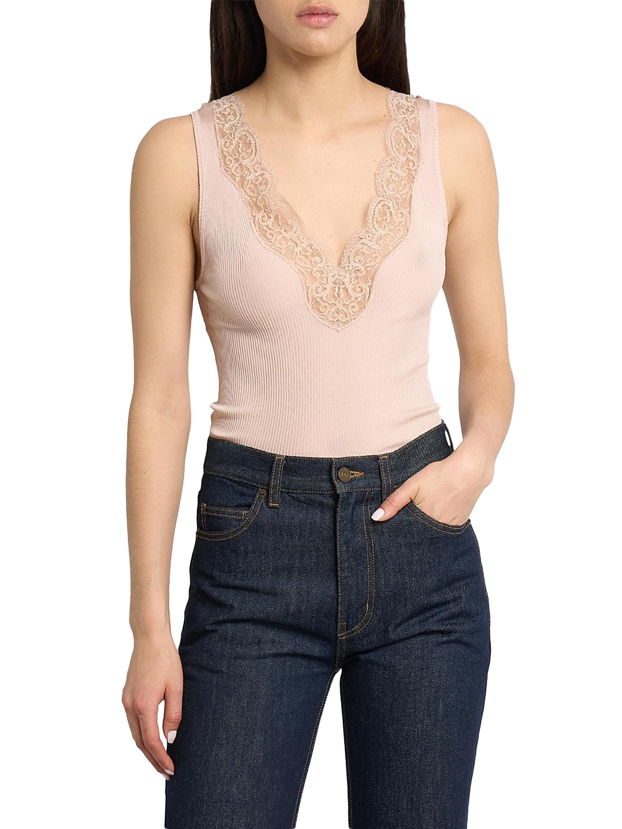 Saint Laurent Women's Laced Tank Top in Ribbed Silk - Beige | Thumbnail 3