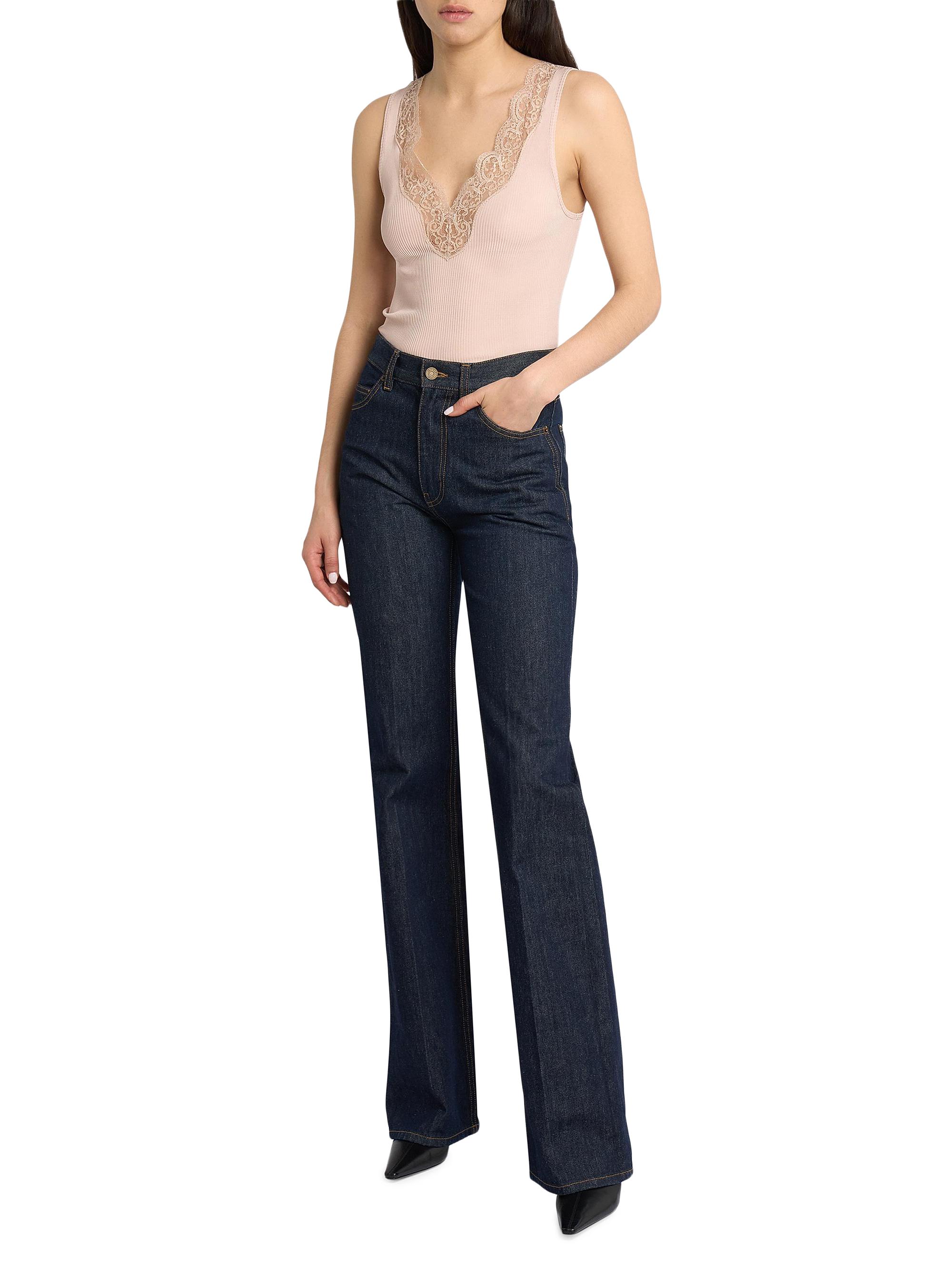 Saint Laurent Women's Laced Tank Top in Ribbed Silk - Beige | Thumbnail 2