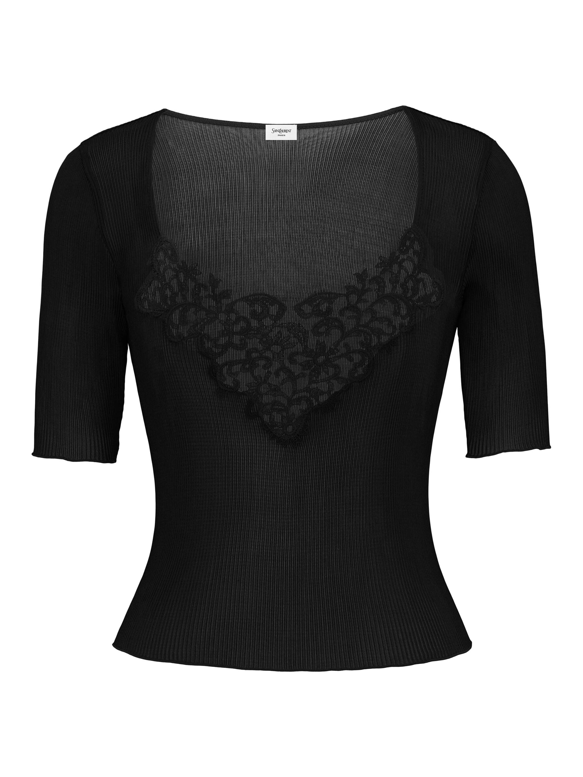 Saint Laurent Women's Guipure Top in Ribbed Silk - Noir
