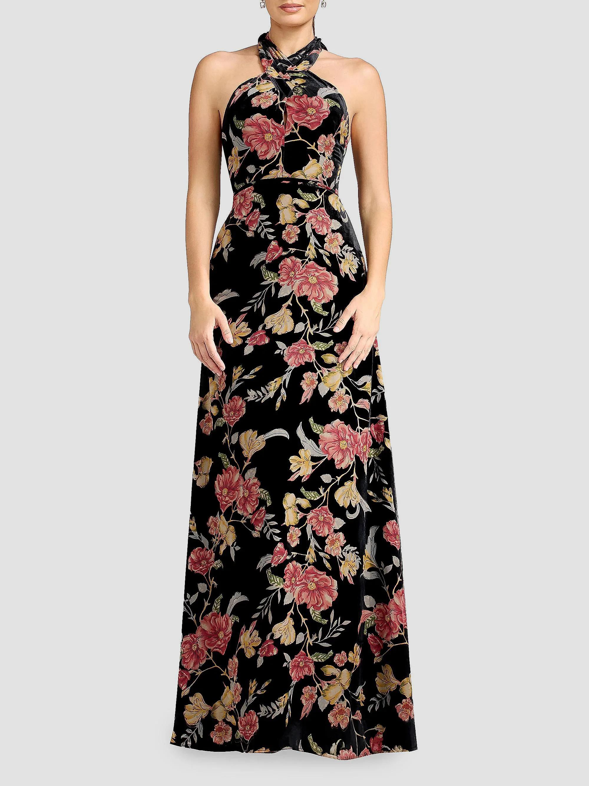 Dress The Population Brighton Velvet Floral Halterneck Maxi Dress