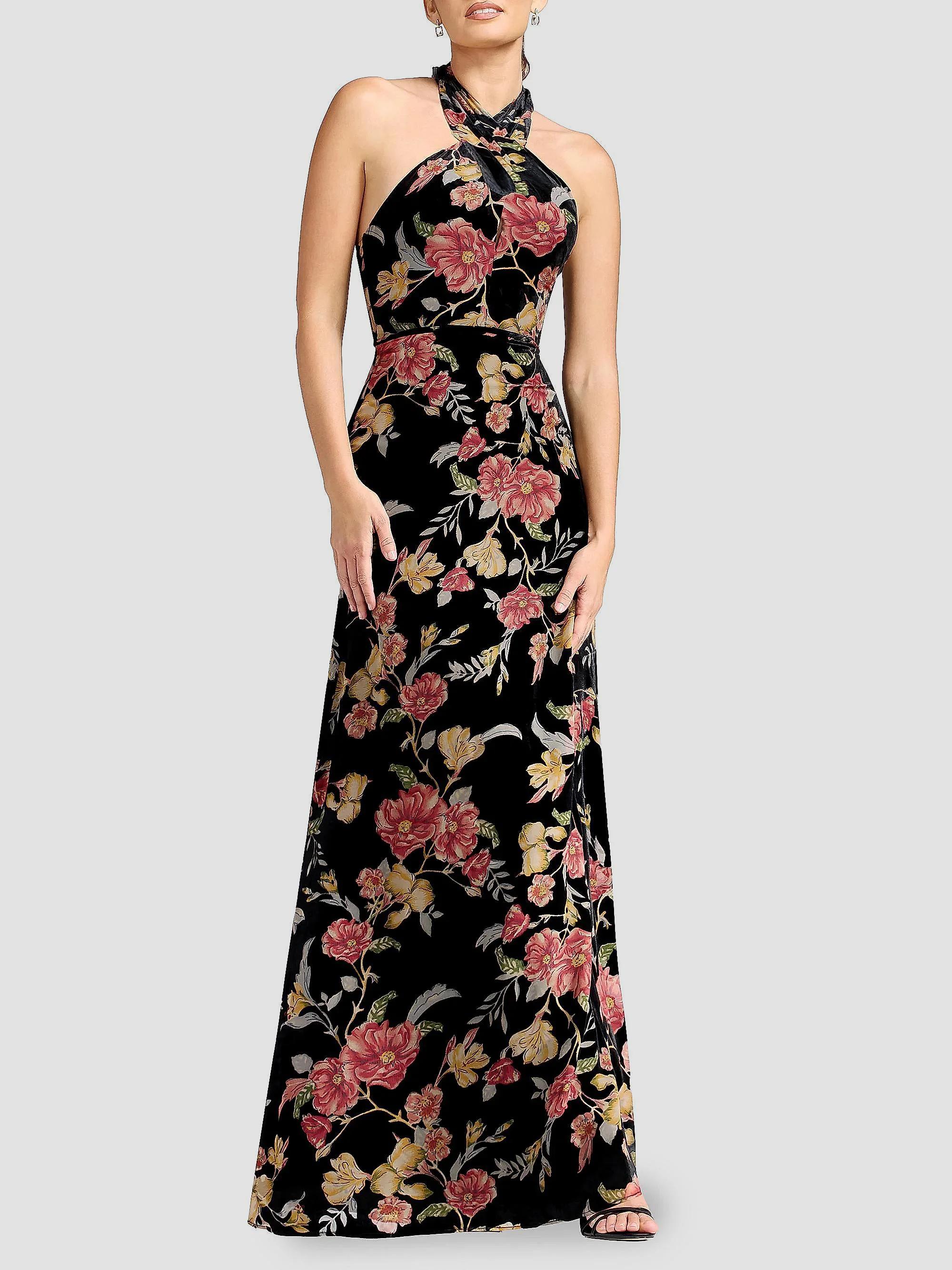 Dress The Population Brighton Velvet Floral Halterneck Maxi Dress