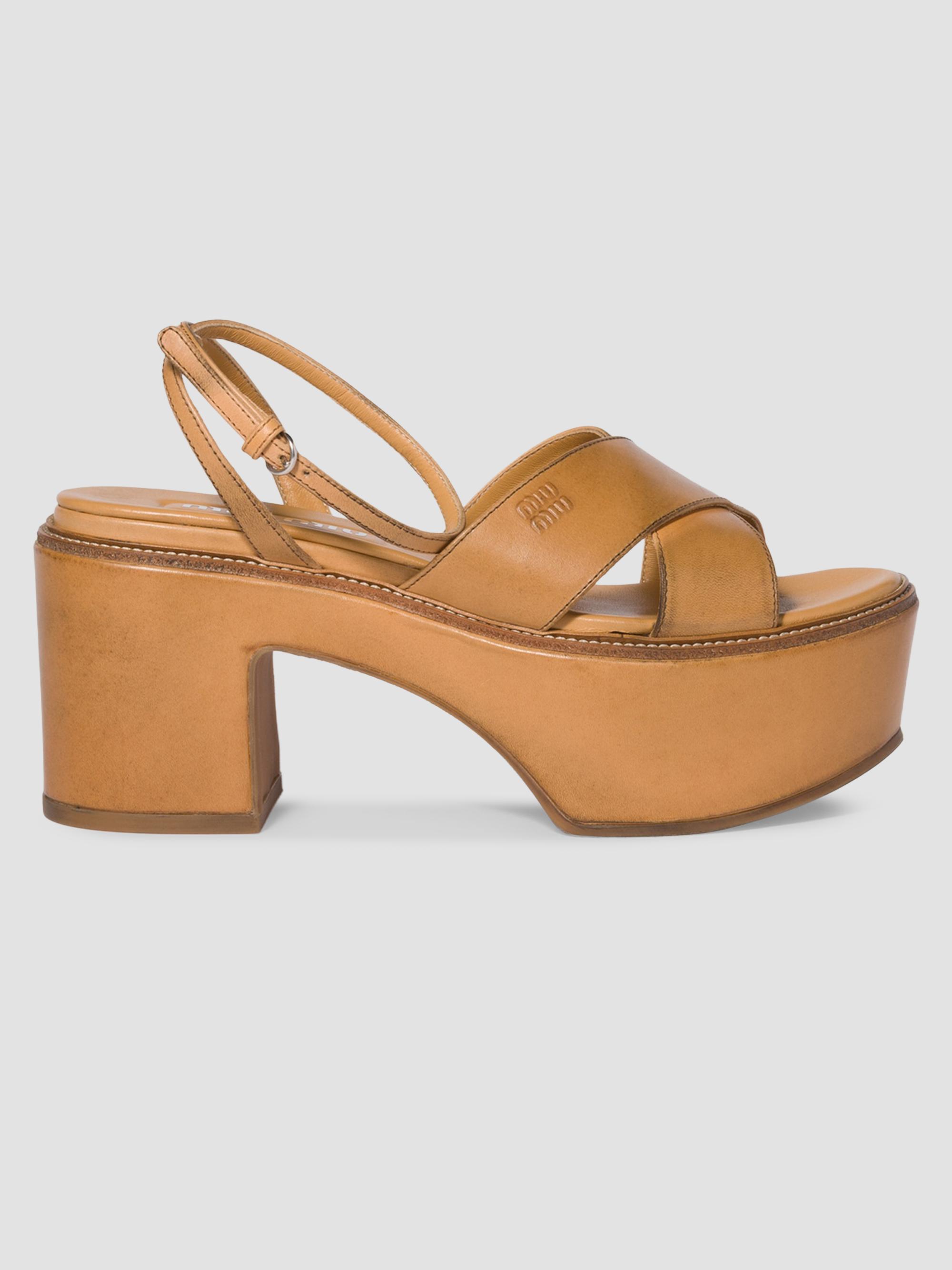 Miu Miu Women's Leather Platform Sandals - Beige Khaki | Thumbnail 4