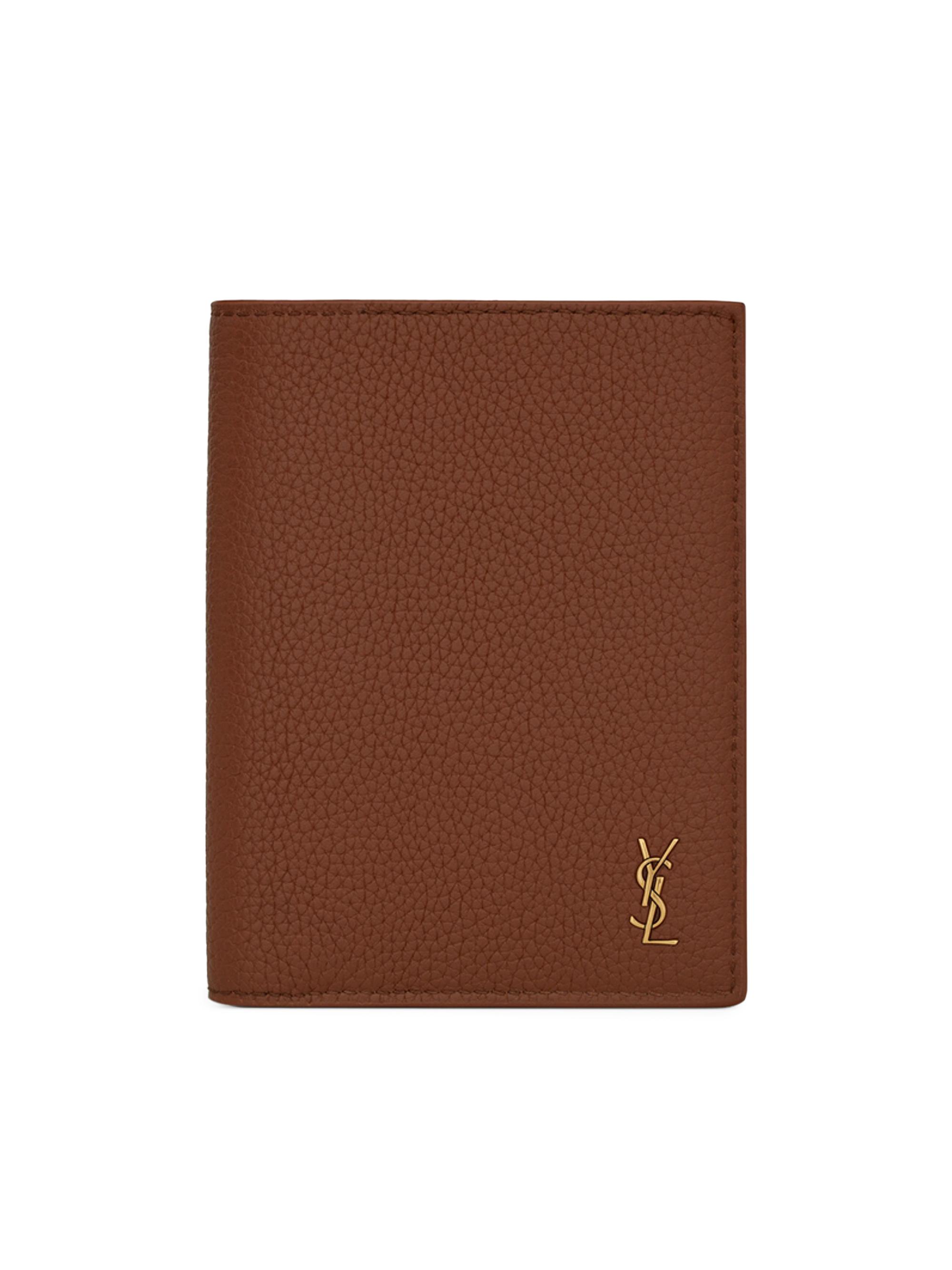 Saint Laurent Men's Tiny Cassandre Credit Card Wallet in Grained Leather - Toasted Brown