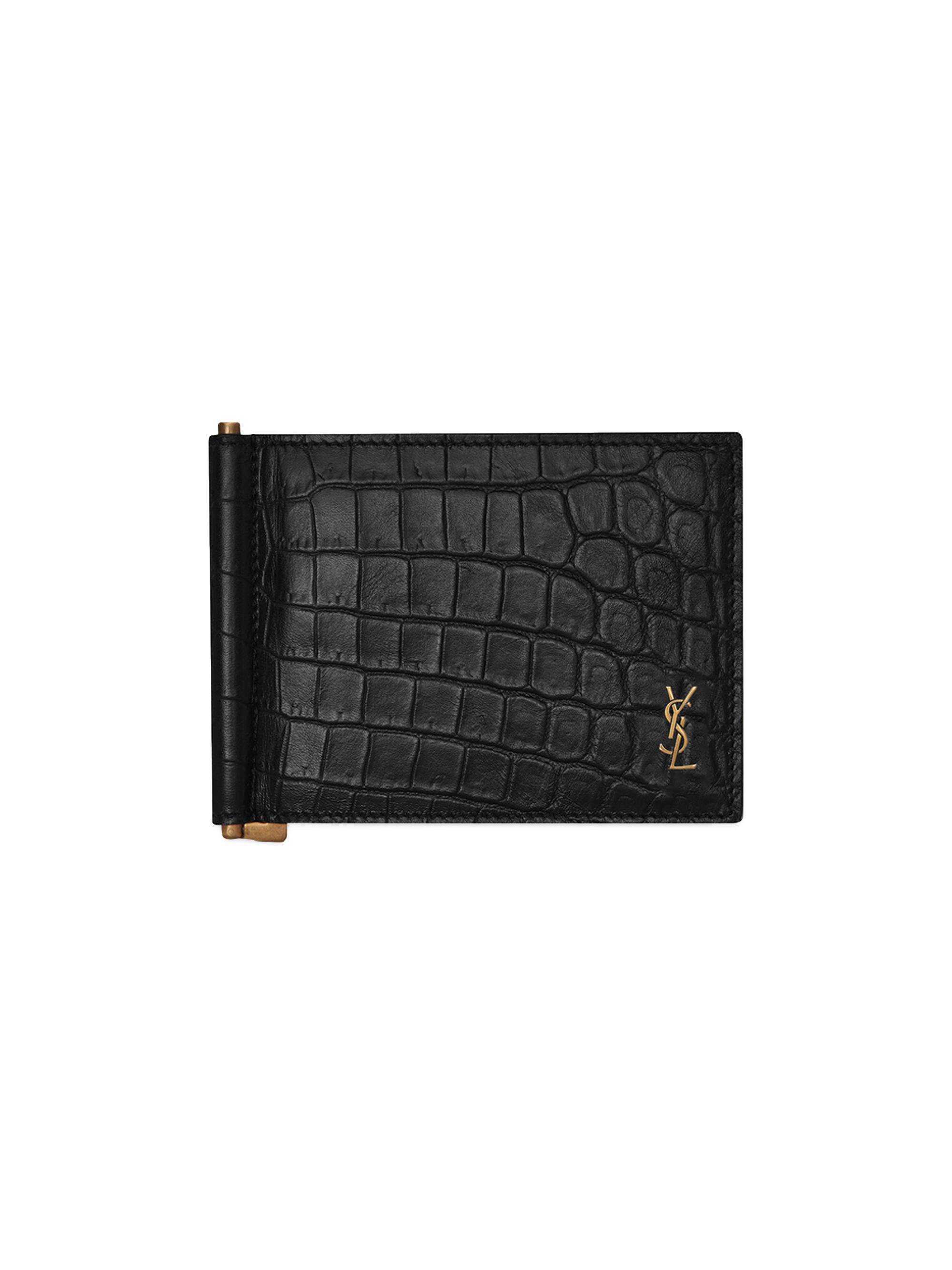 Saint Laurent Men's Tiny Cassandre Bill Clip Wallet in Crocodile-Embossed Matte Leather - Black | Thumbnail 5