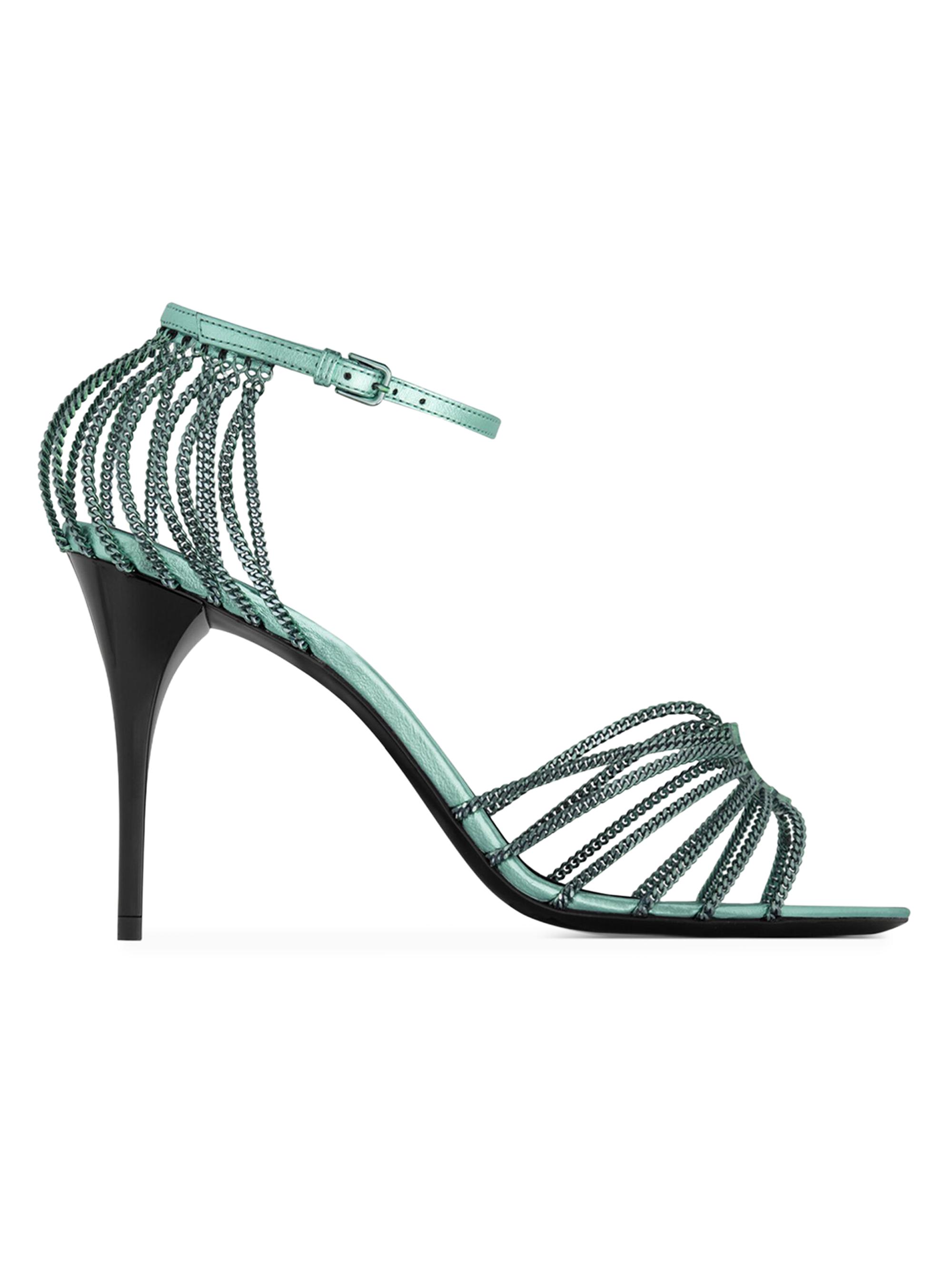 Saint Laurent Women's Babylone Sandals in Metallic Leather and Metal - Hope Green