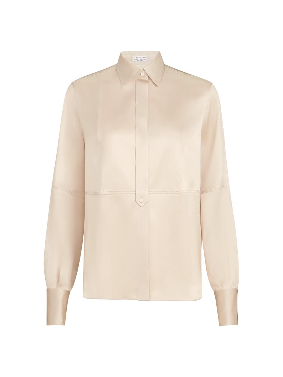 BRUNELLO CUCINELLI ベージュ長袖シャツ　モニーレ付き　XS Brunello Cucinelli Stretch Silk Satin Shirt with Monili | Saks