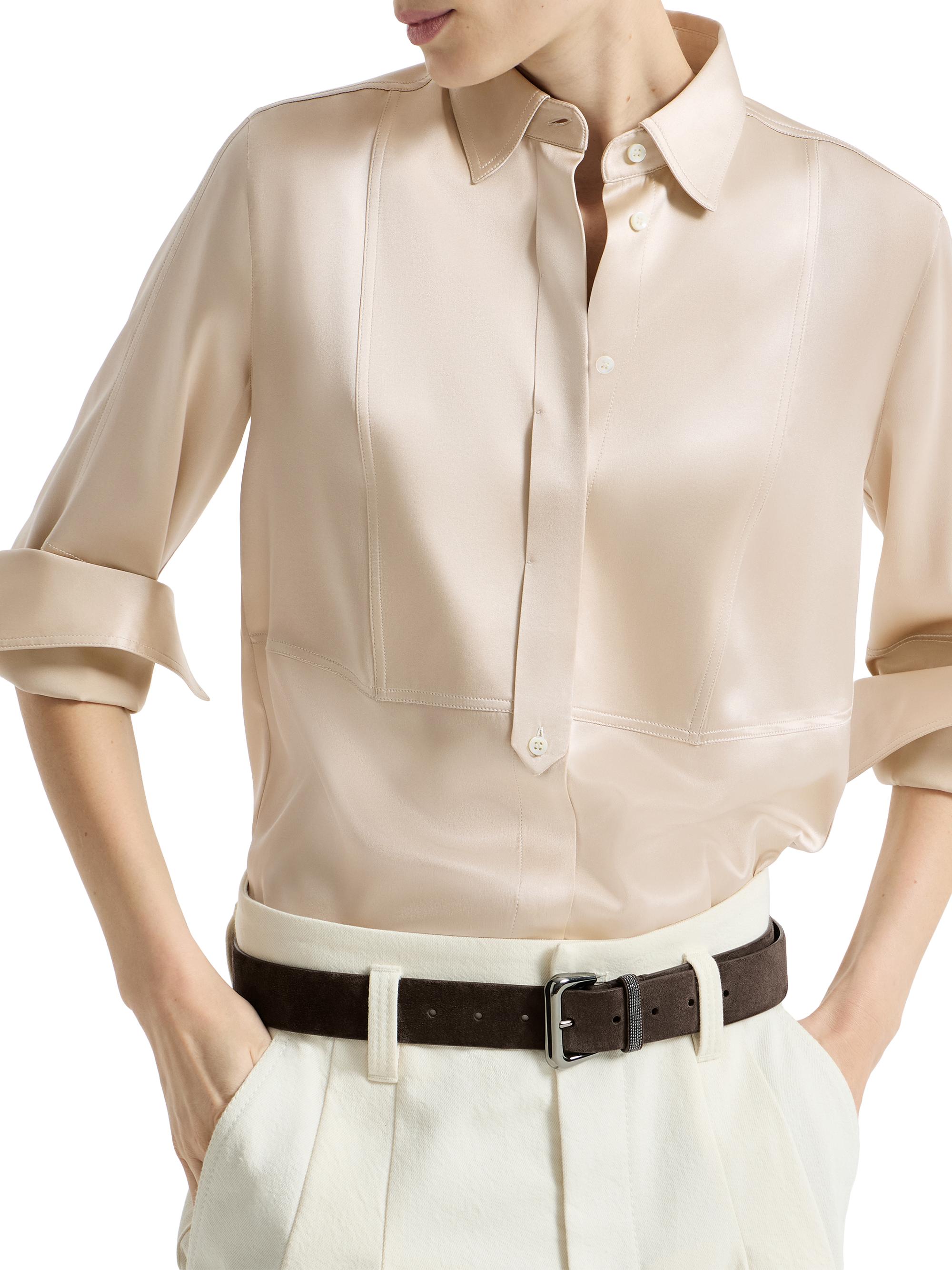Brunello Cucinelli Stretch Silk Satin Shirt with Monili | Saks