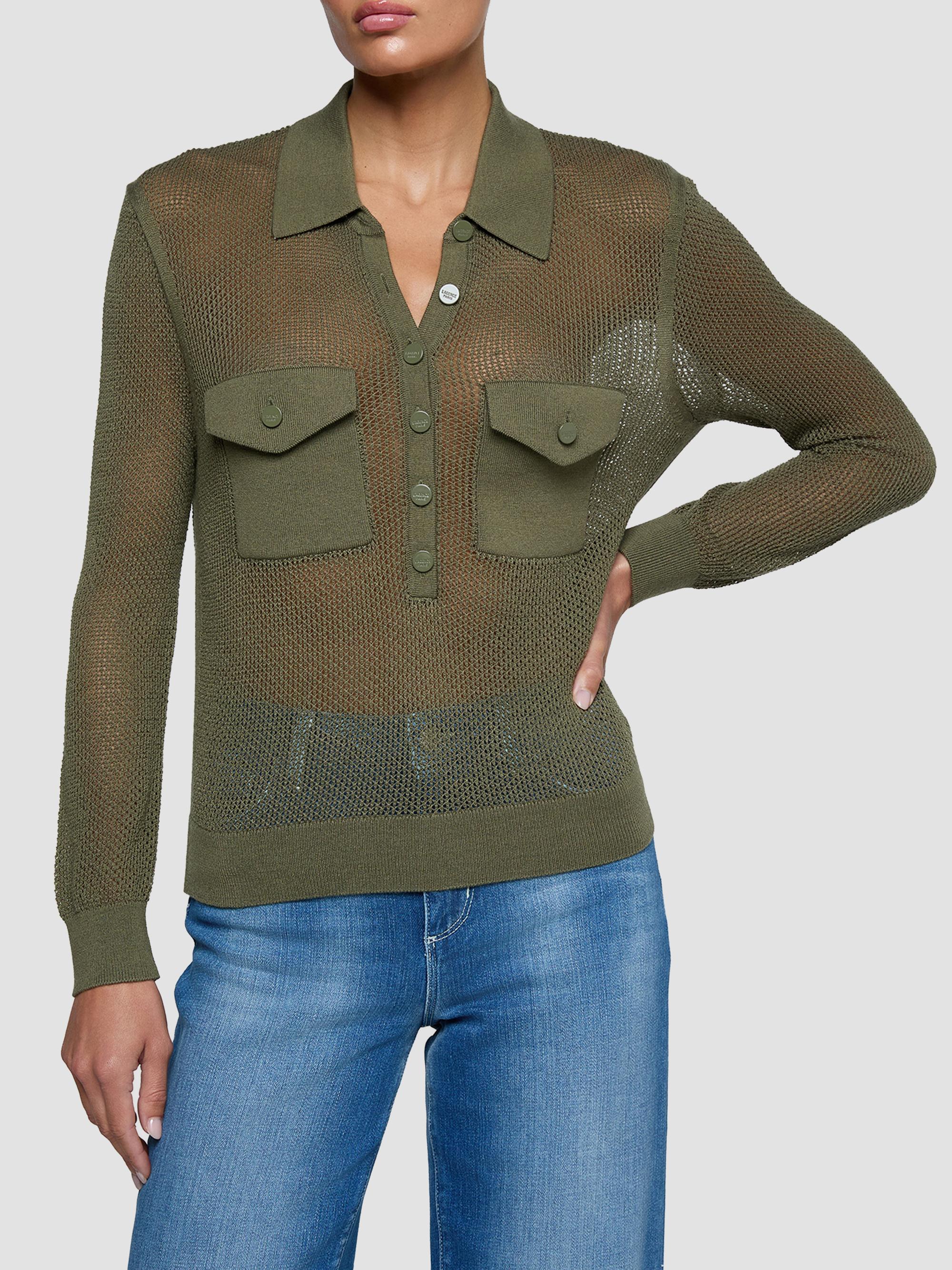L'AGENCE Women's Carine Pointelle Spread Collar Sweater - Smokey Olive | Thumbnail 4