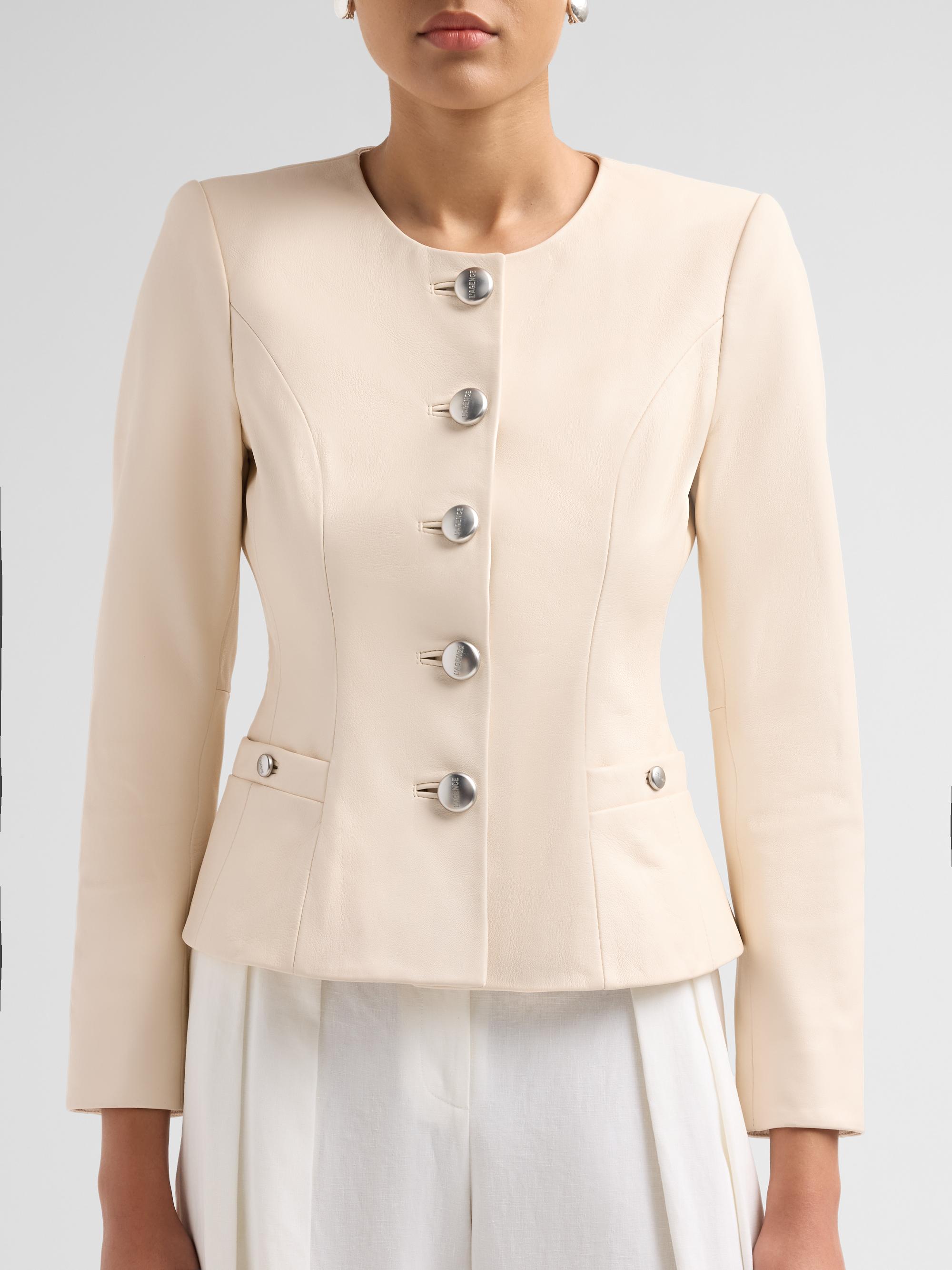 L'AGENCE Women's Mariella Collarless Leather Blazer - Vintage White | Thumbnail 5