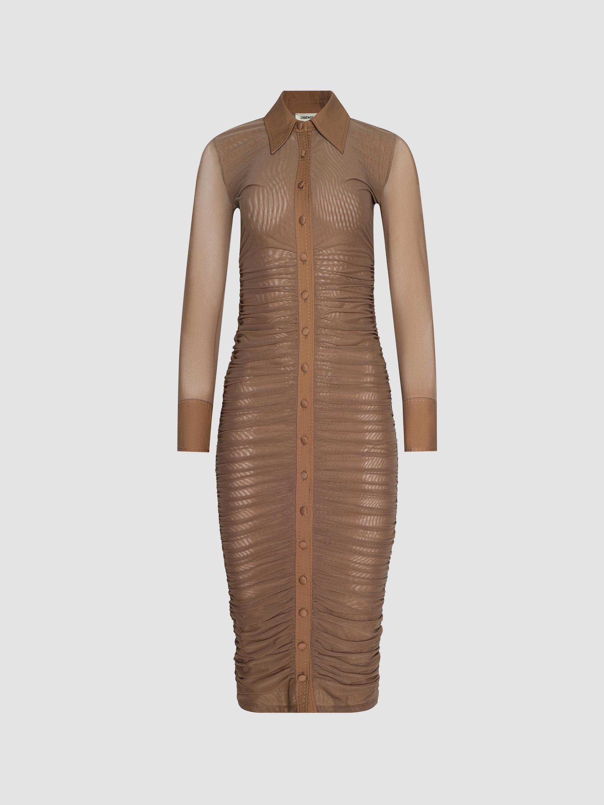 L'AGENCE Women's Adriana Ruched Body-Con Midi Shirtdress - Hazelnut