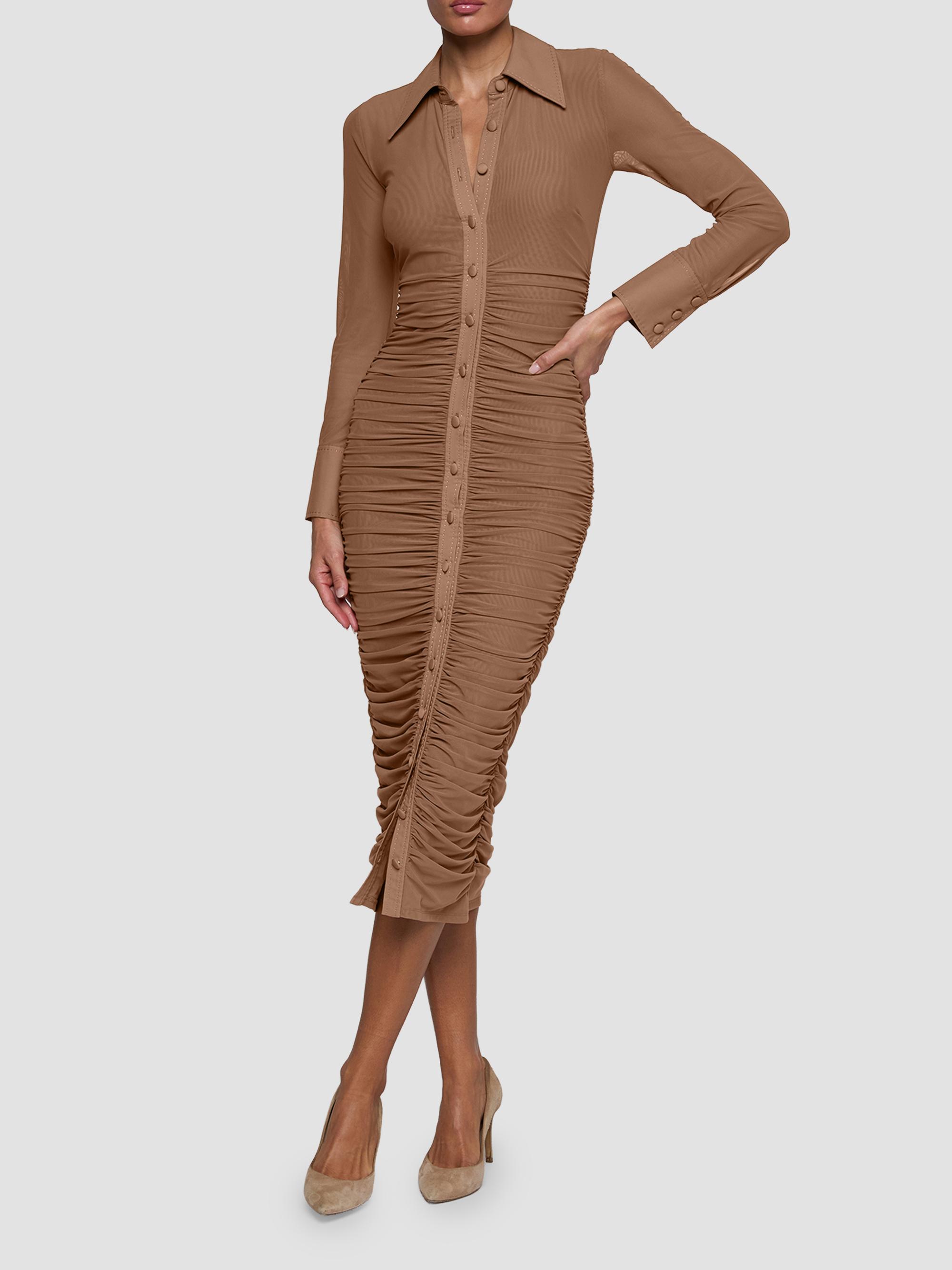 L'AGENCE Women's Adriana Ruched Body-Con Midi Shirtdress - Hazelnut | Thumbnail 2