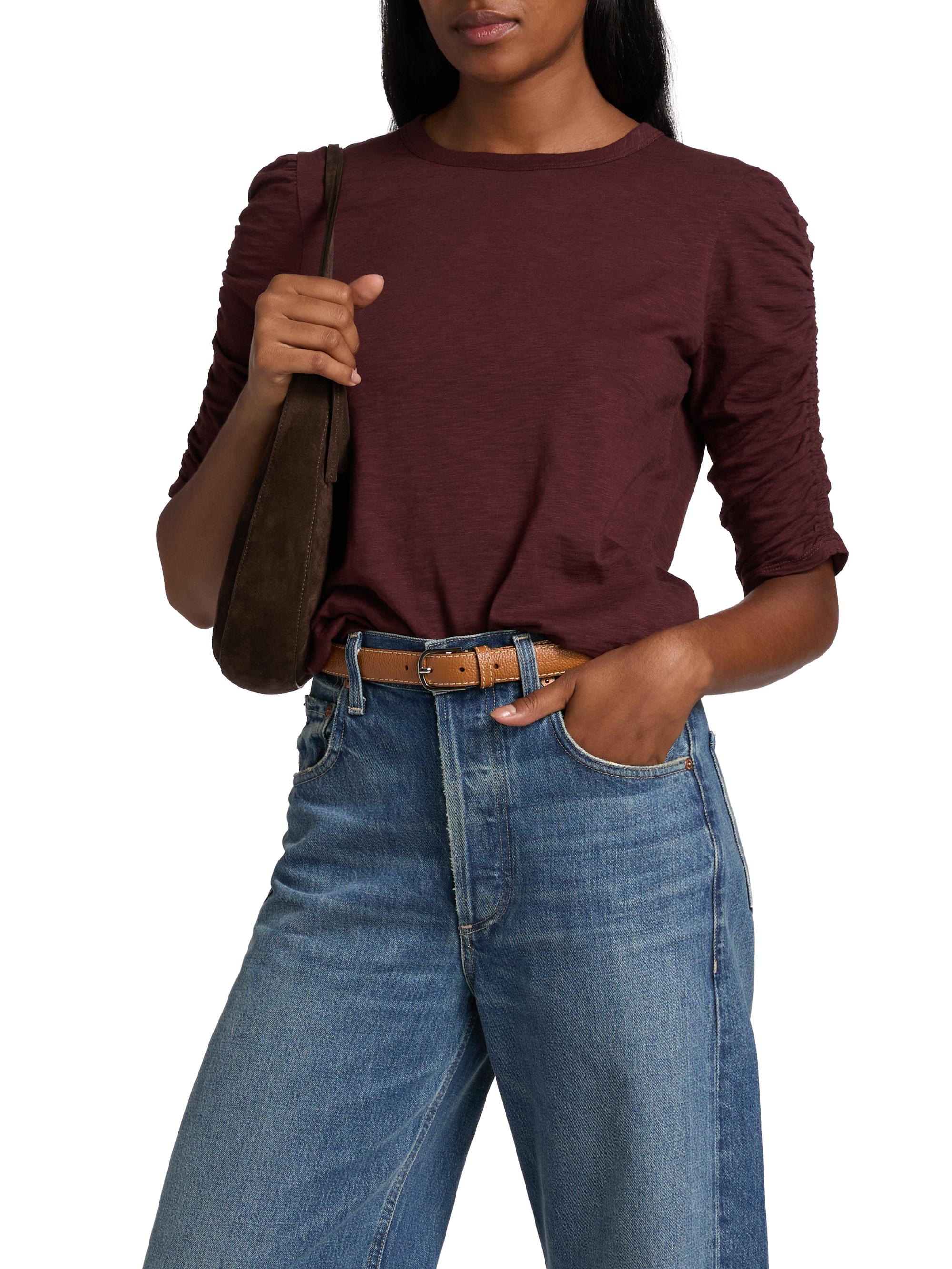 Veronica Beard Women's Waldorf Ruched-Sleeve Cotton Tee - Raisin | Thumbnail 3