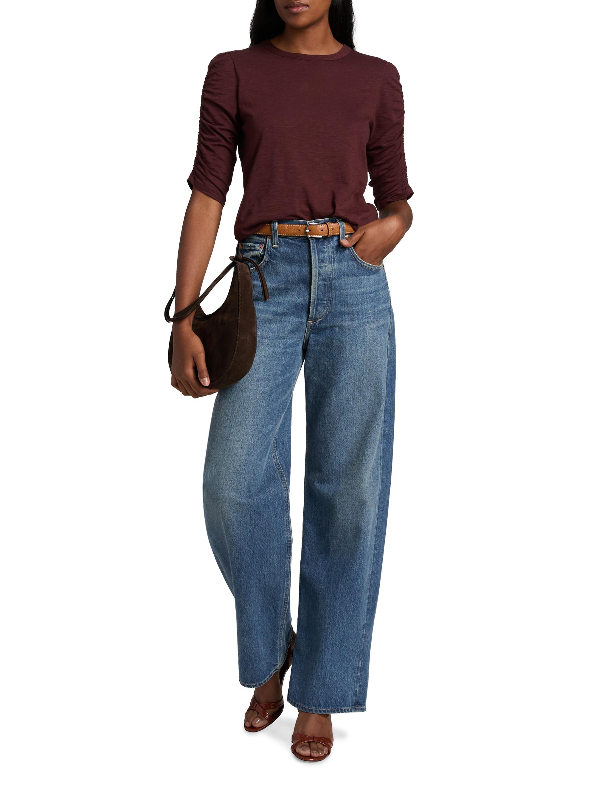 Veronica Beard Women's Waldorf Ruched-Sleeve Cotton Tee - Raisin | Thumbnail 2