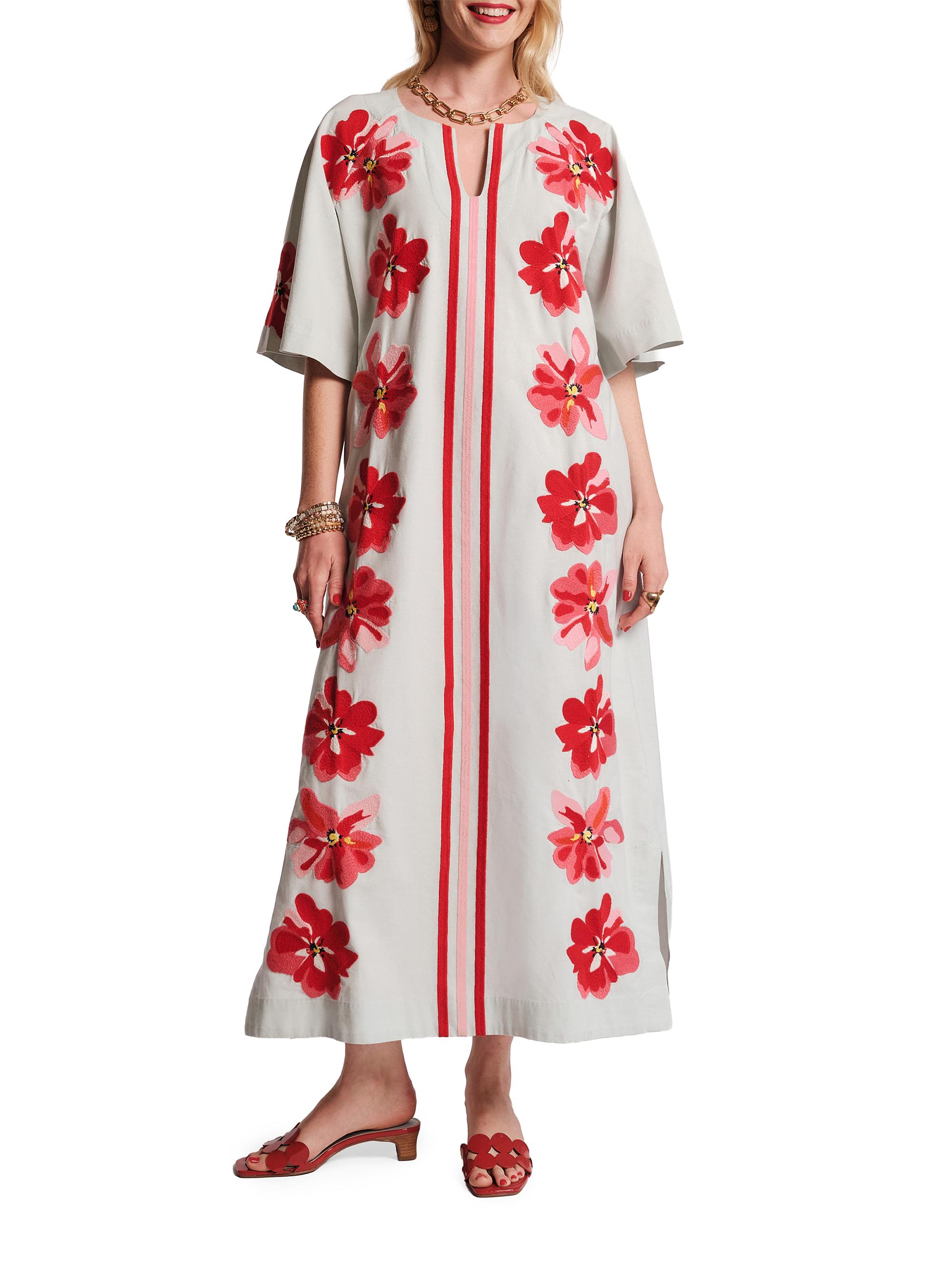 Frances Valentine Women's Charming Embroidered Striped Caftan-Style Maxi Dress - Light Blue Red