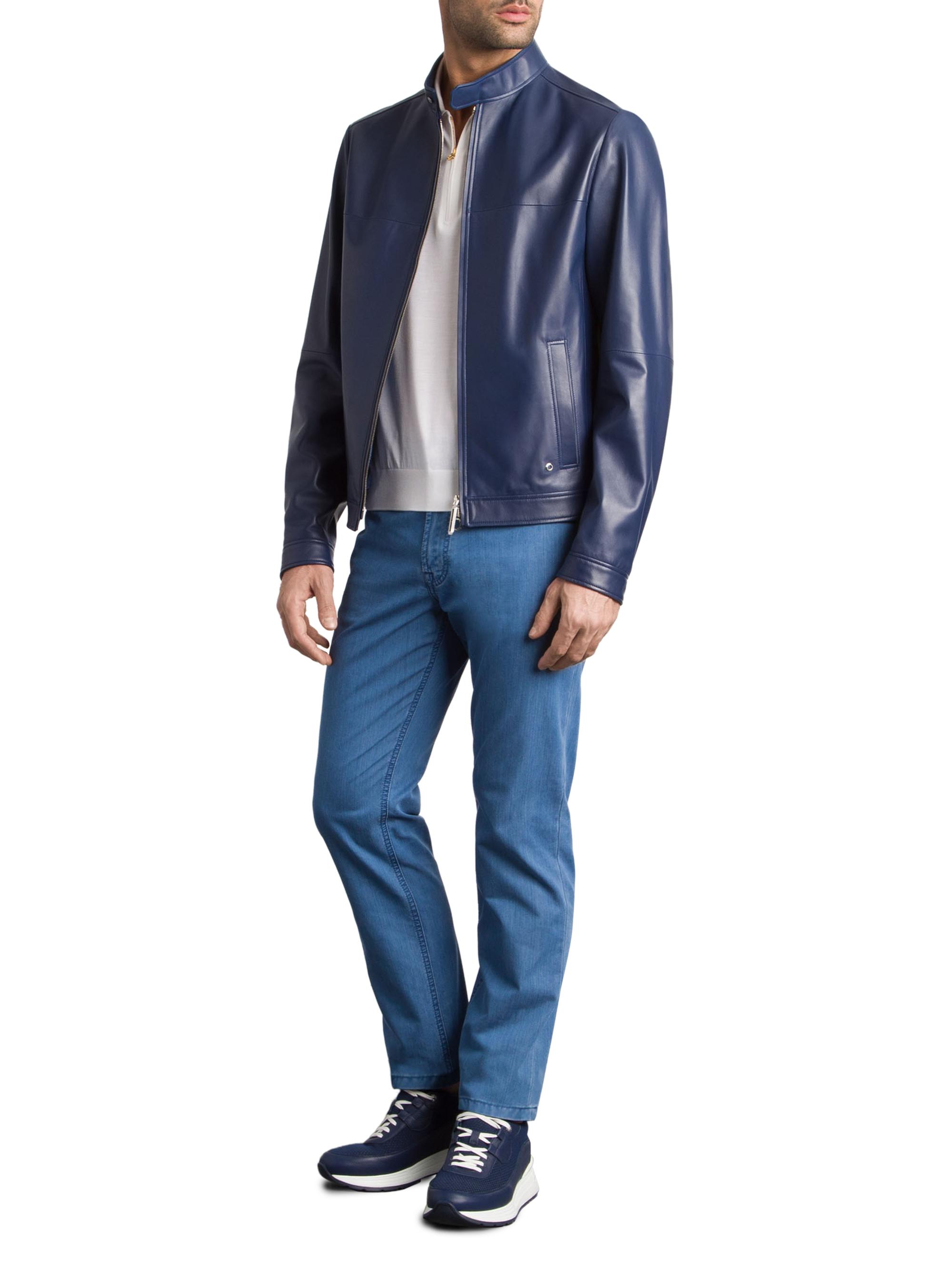 Stefano Ricci Men's Lambskin Leather Biker Jacket - Blue
