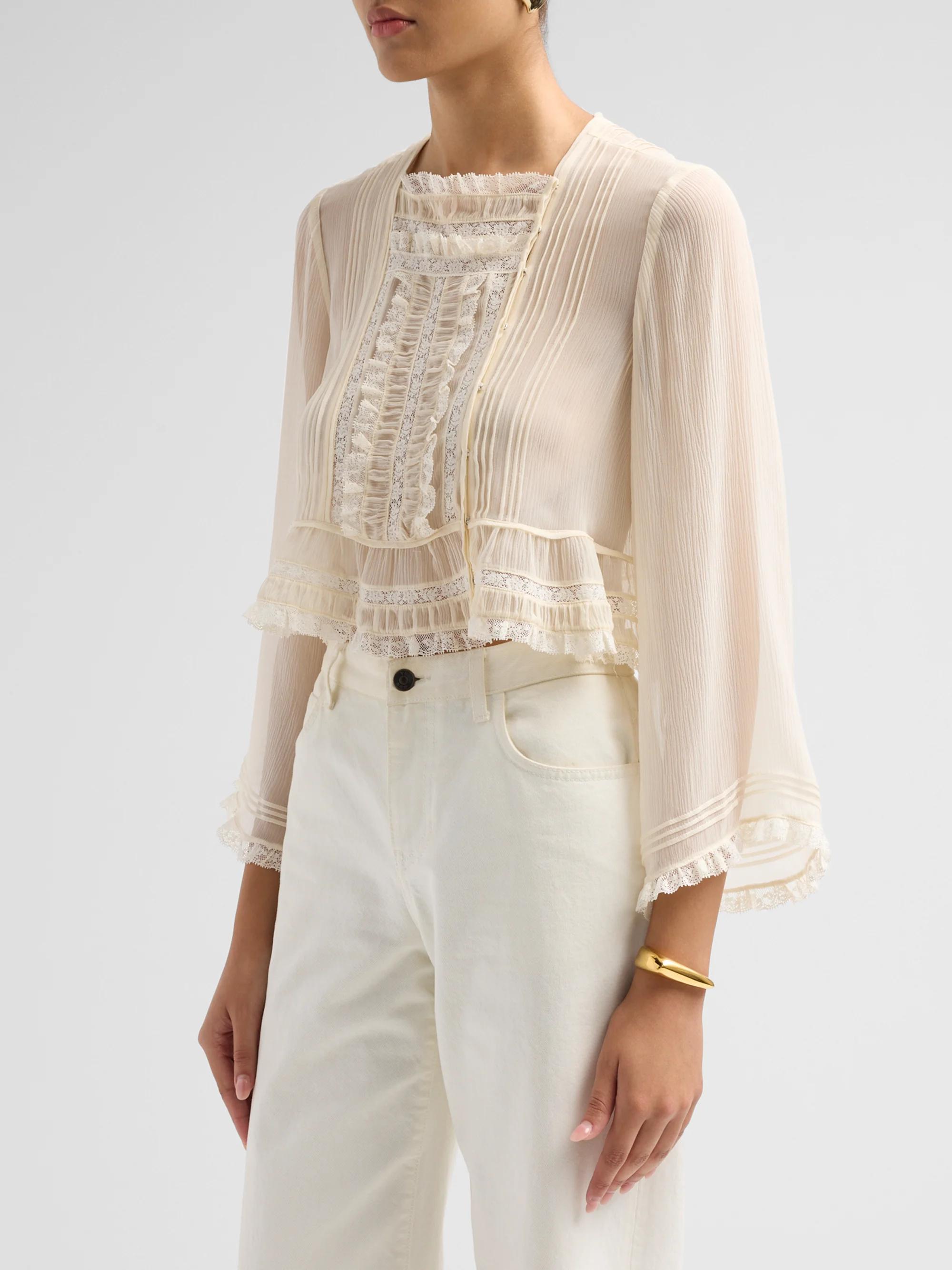 DÔEN Elodine Lace-Trim Silk Plissé Top | Saks Fifth Avenue