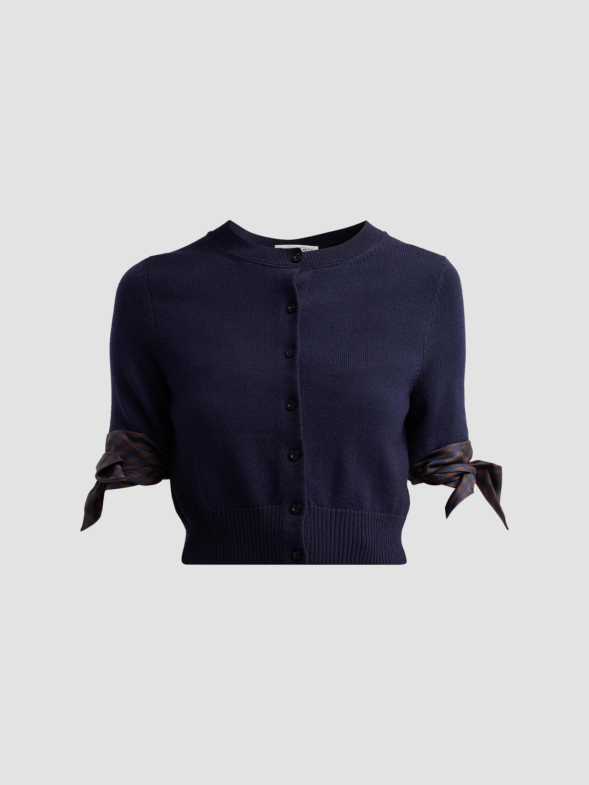 Oscar de la Renta Women's Argyle Tie-Detailed Wool Crop Cardigan - Navy | Thumbnail 6