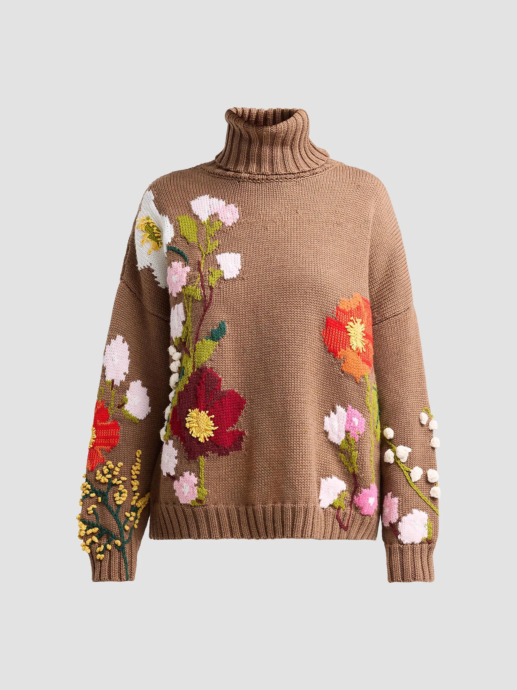 Oscar de la Renta Women's Floral-Embroidered Intarsia-Knit Wool Sweater - Brown Multi - Size Large