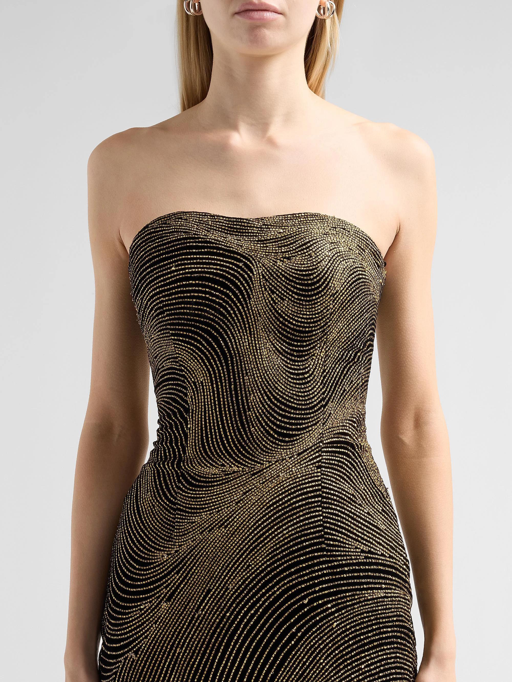 Oscar de la Renta Bugle Waves Embroidered Strapless Cocktail Dress