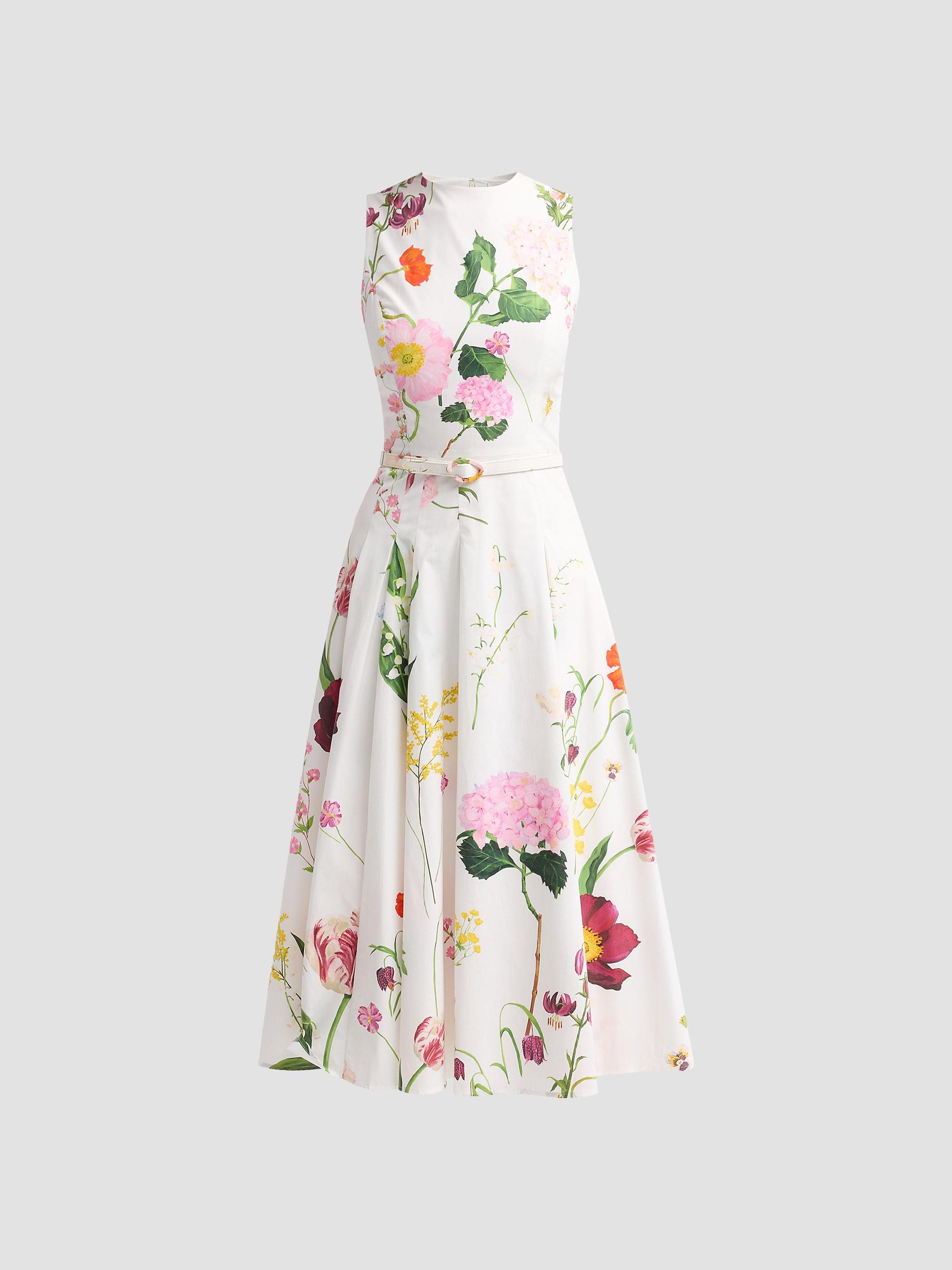 Oscar de la Renta Women's Mixed Botanical Stretch Cotton Sleeveless Day Dress - White Multi | Thumbnail 6