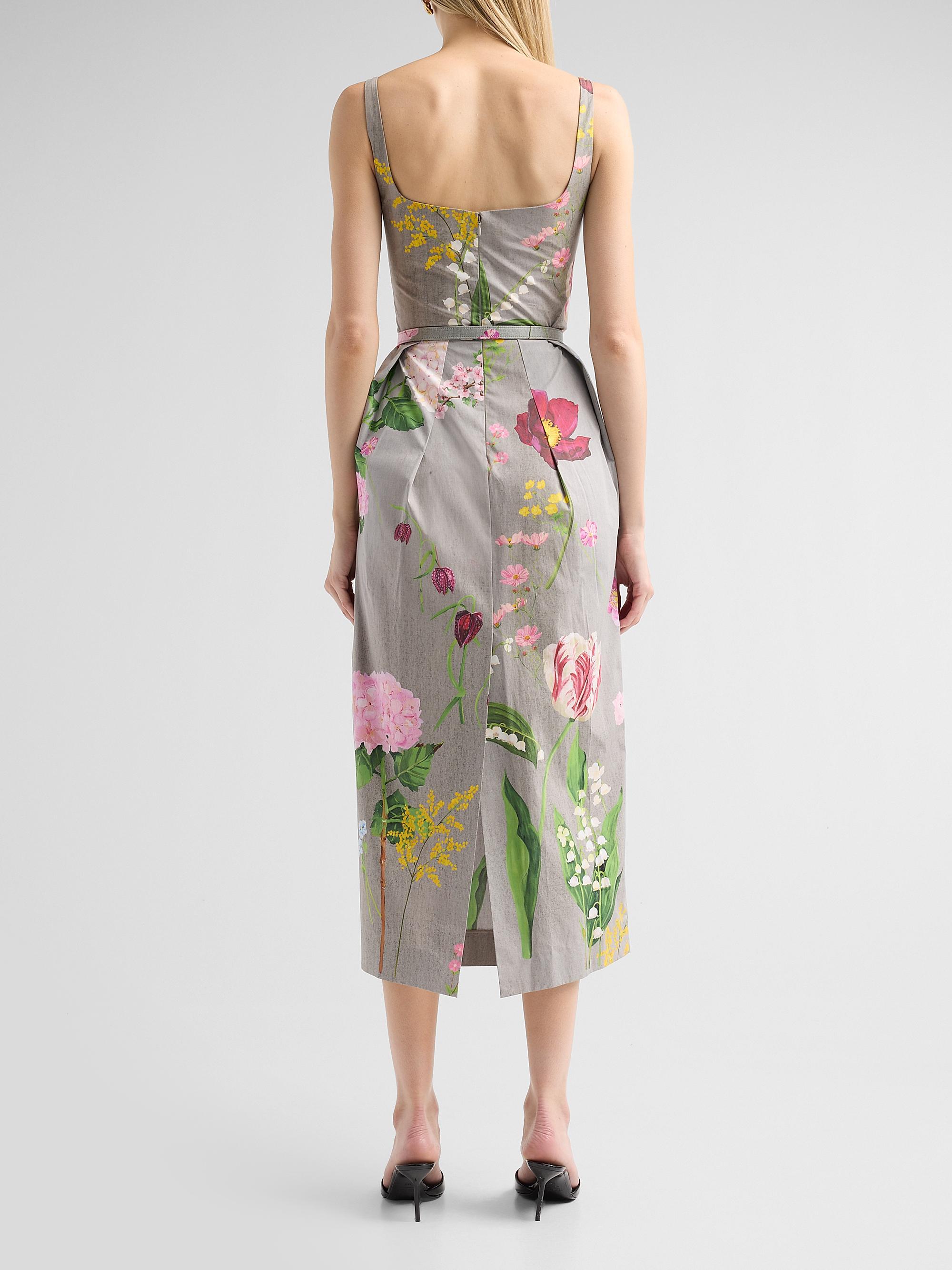 oscar de la renta draped printed stretch jersey midi dress Women's Mixed Botanical Pleated Stretch-Cotton - Grey Multi SUMMERW24-1