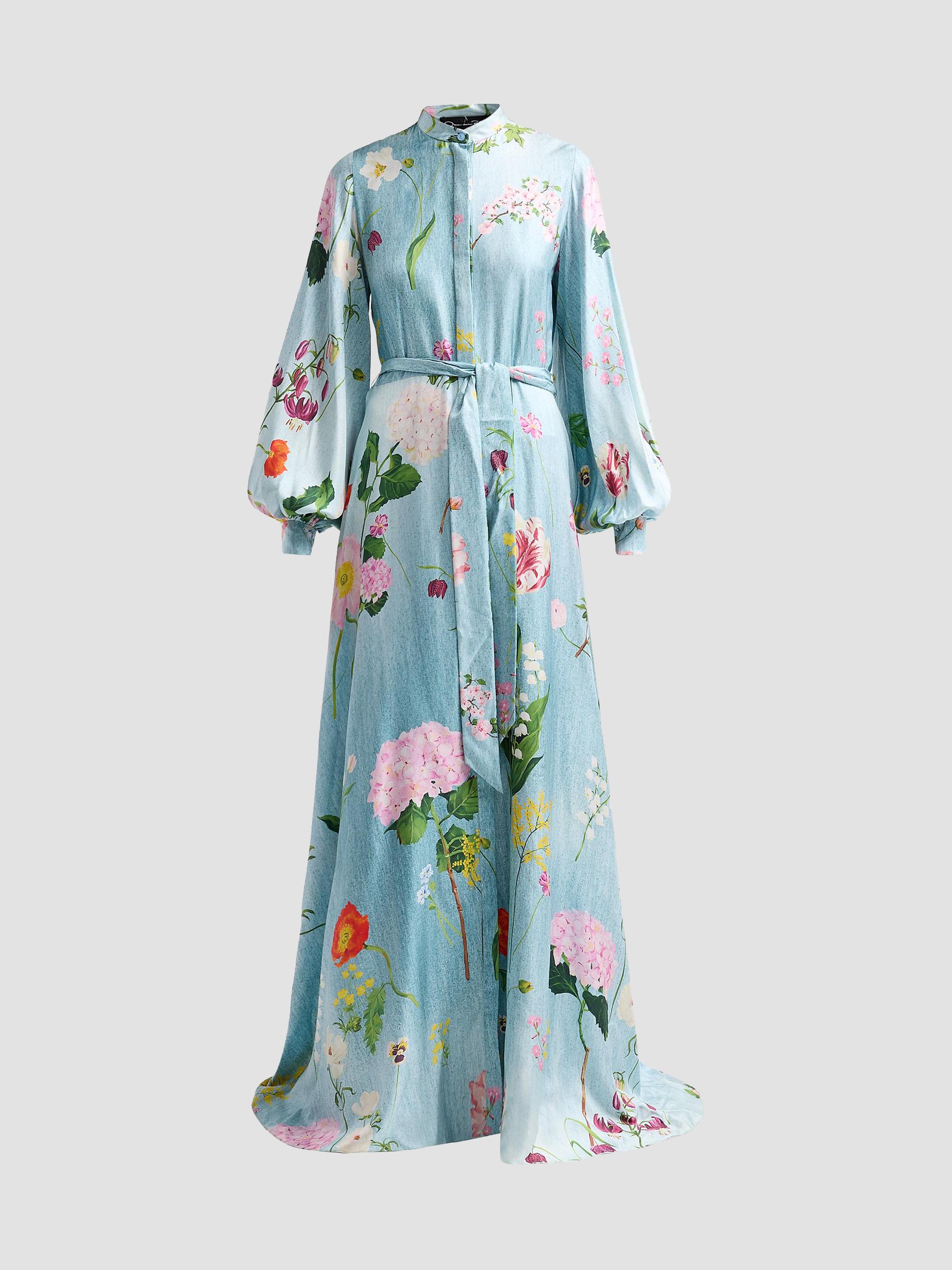 Oscar de la Renta Women's Mixed Botanical Silk Twill Caftan Dress - Blue Multi | Thumbnail 6