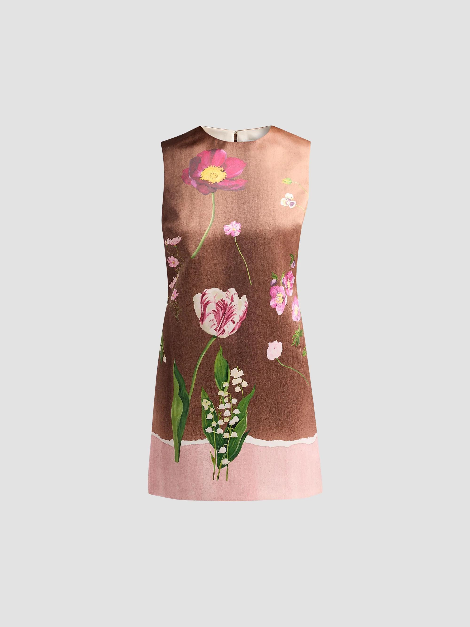 Mixed Botanical Border Satin Sleeveless Mini Dress