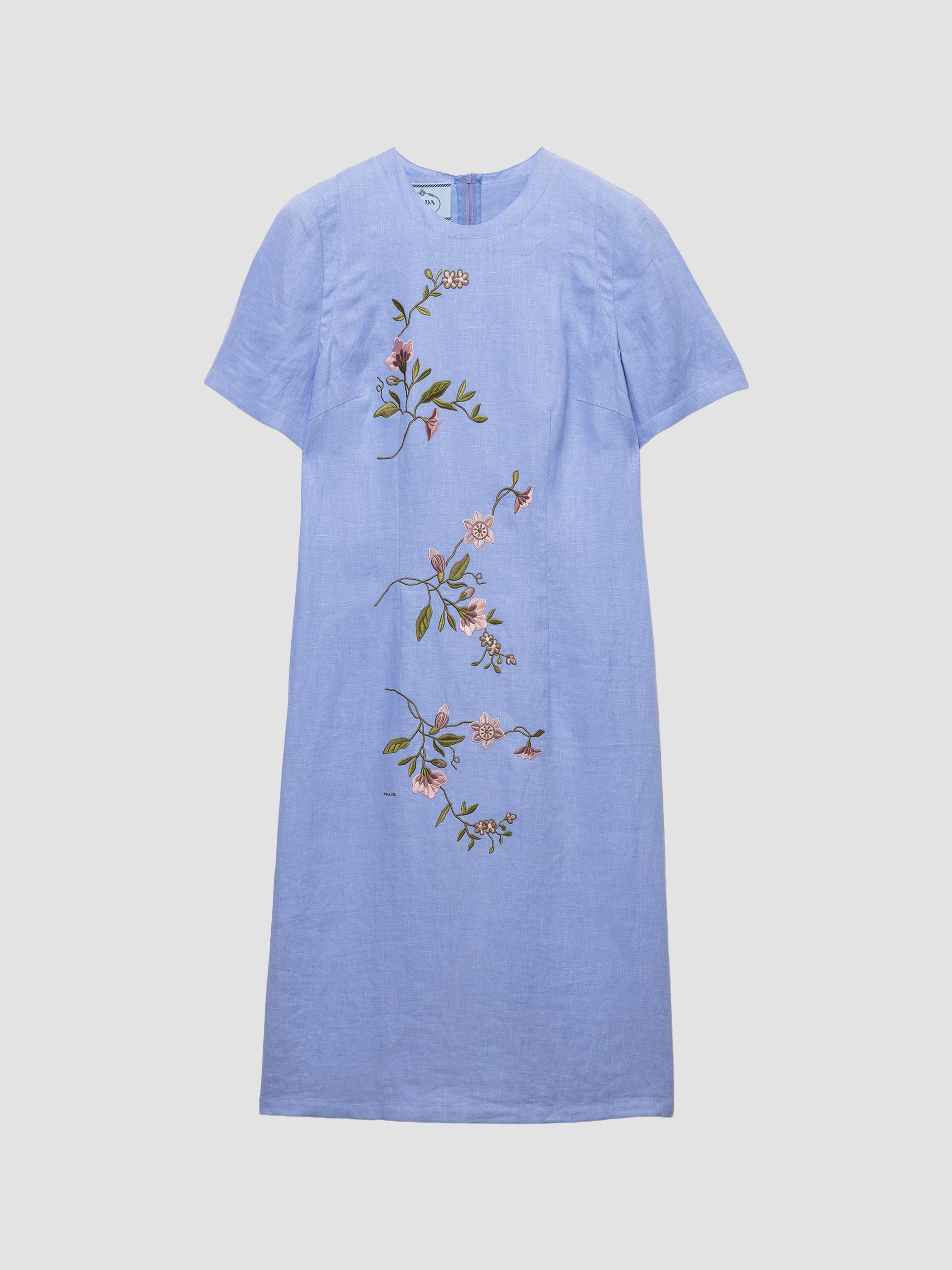 Prada Women's Embroidered Linen Dress - Blue | Thumbnail 7