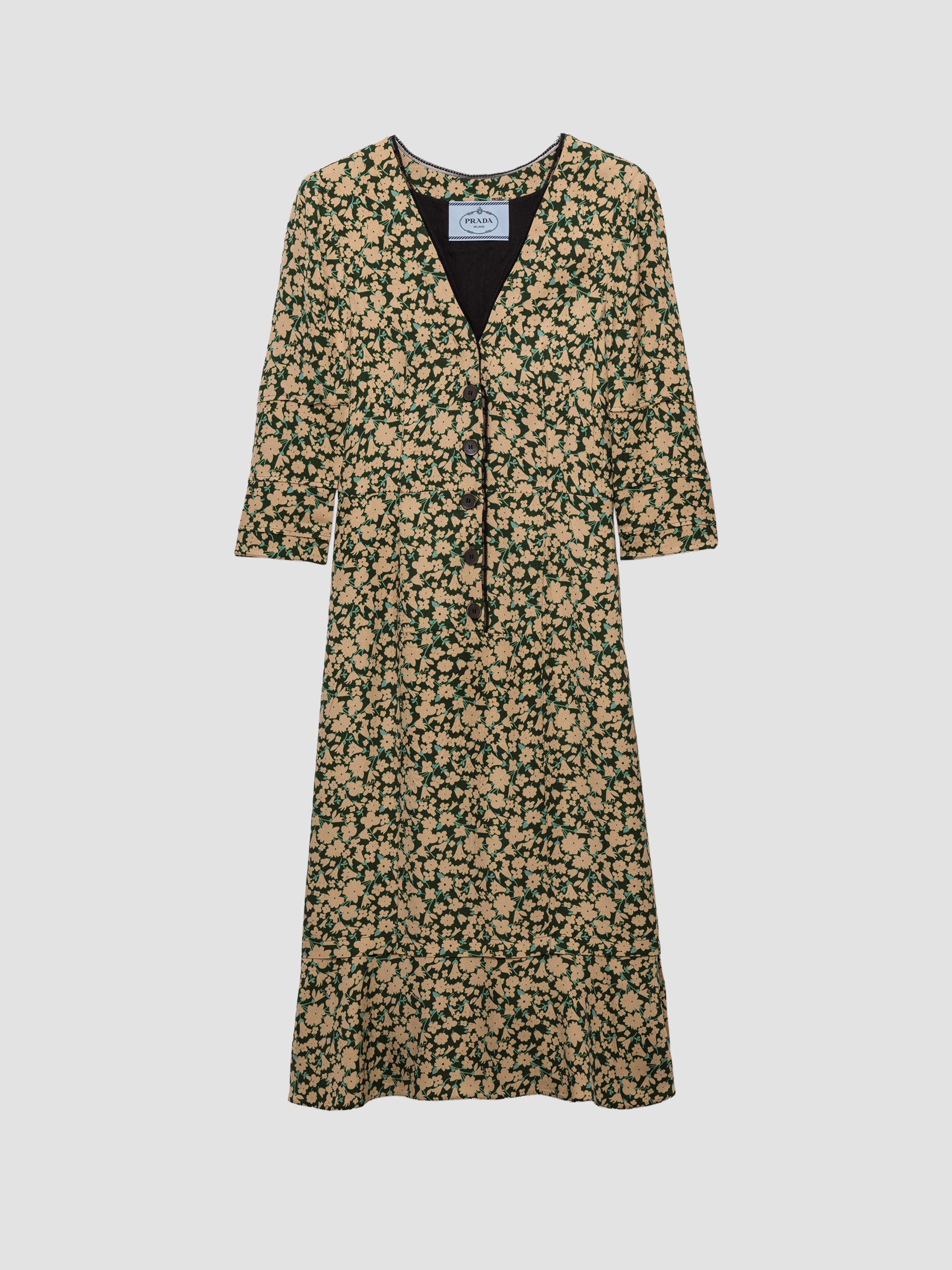 prada linen dress Prada Long Floral-Print Linen Dress with Pintucks