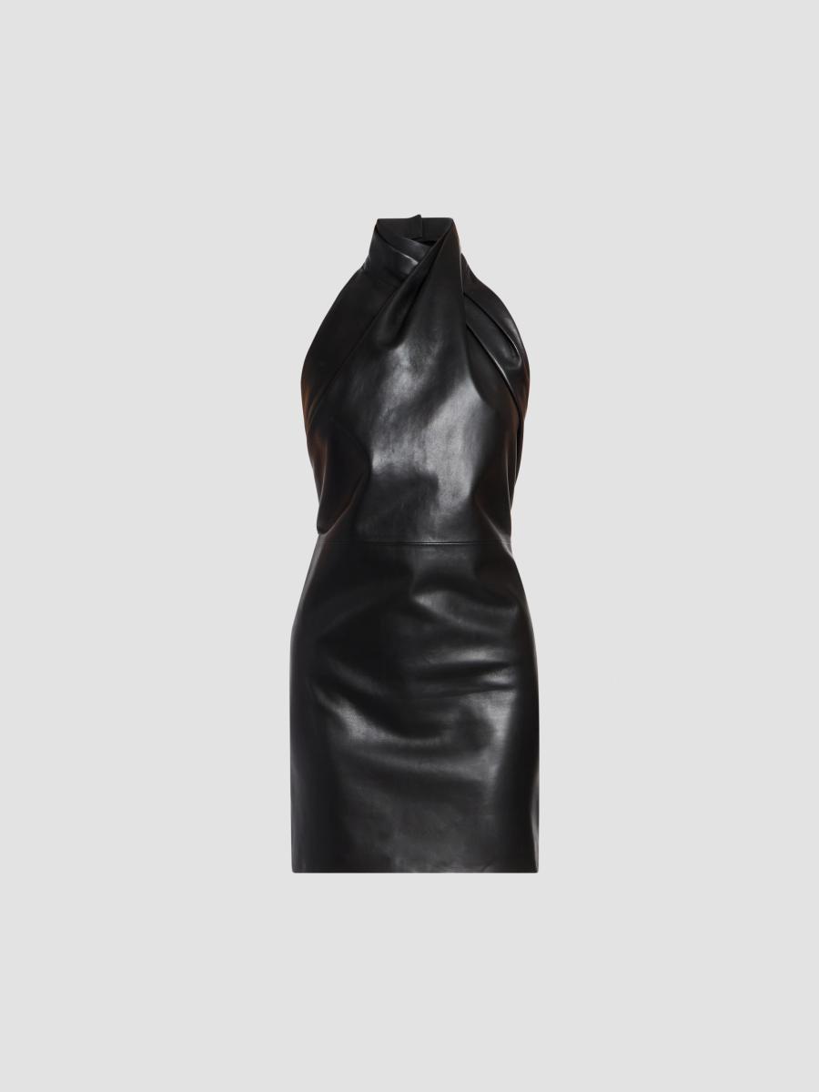 Balmain Women's Halterneck Leather Draped Mini Dress In Noir