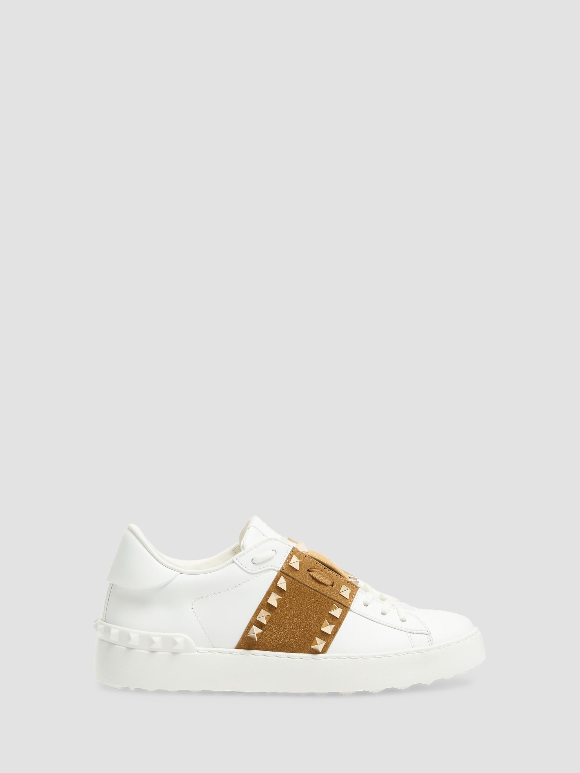 Valentino Garavani Women's Rockstud Untitled Sneakers in Calfskin with Suede Band - White Havana Beige - Women's Clothing