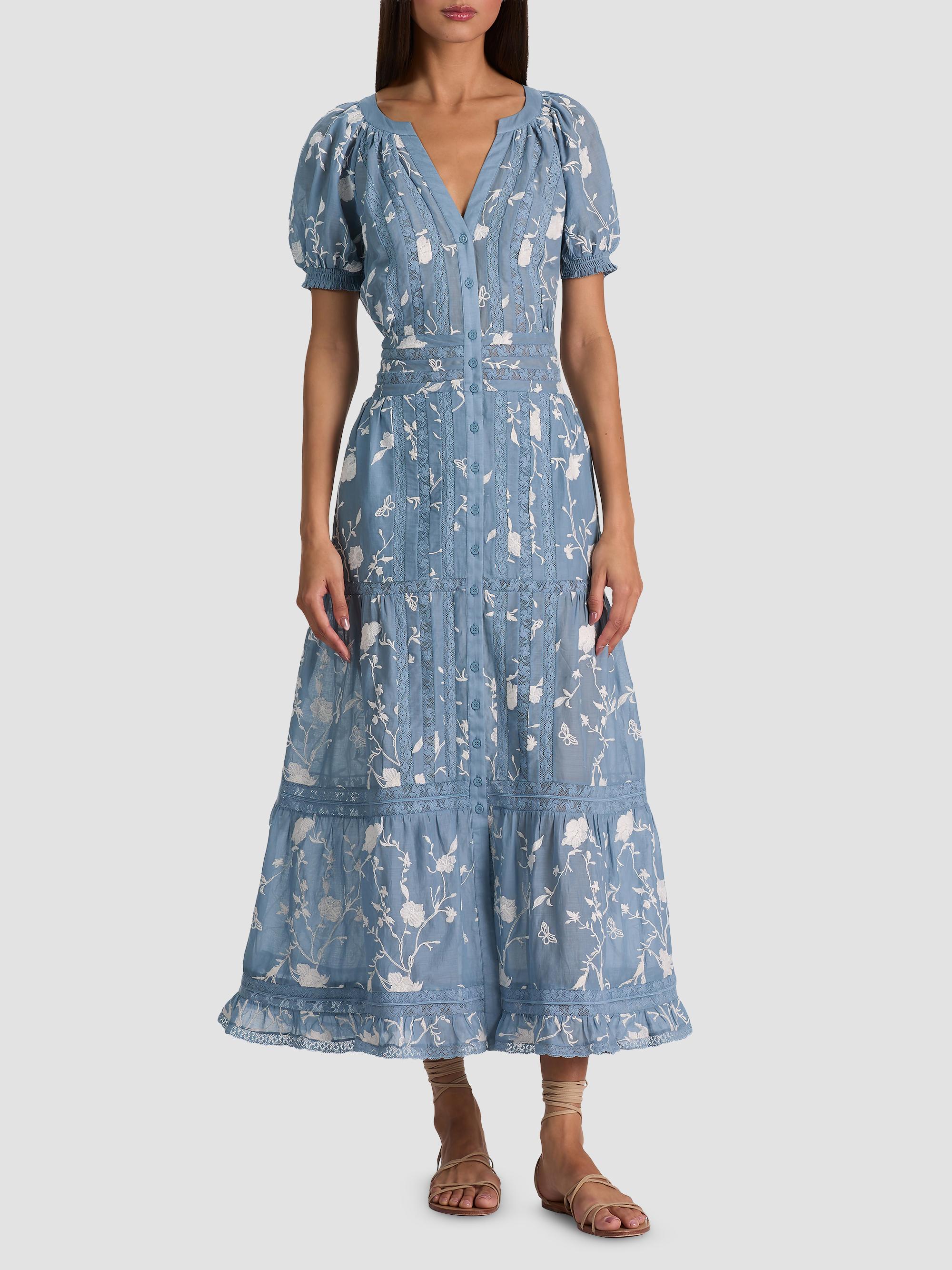 ALICE + OLIVIA Women's Kathryn Lace-Trim Floral Midi Shirtdress - Deep Denim Blue Vanilla | Thumbnail 4