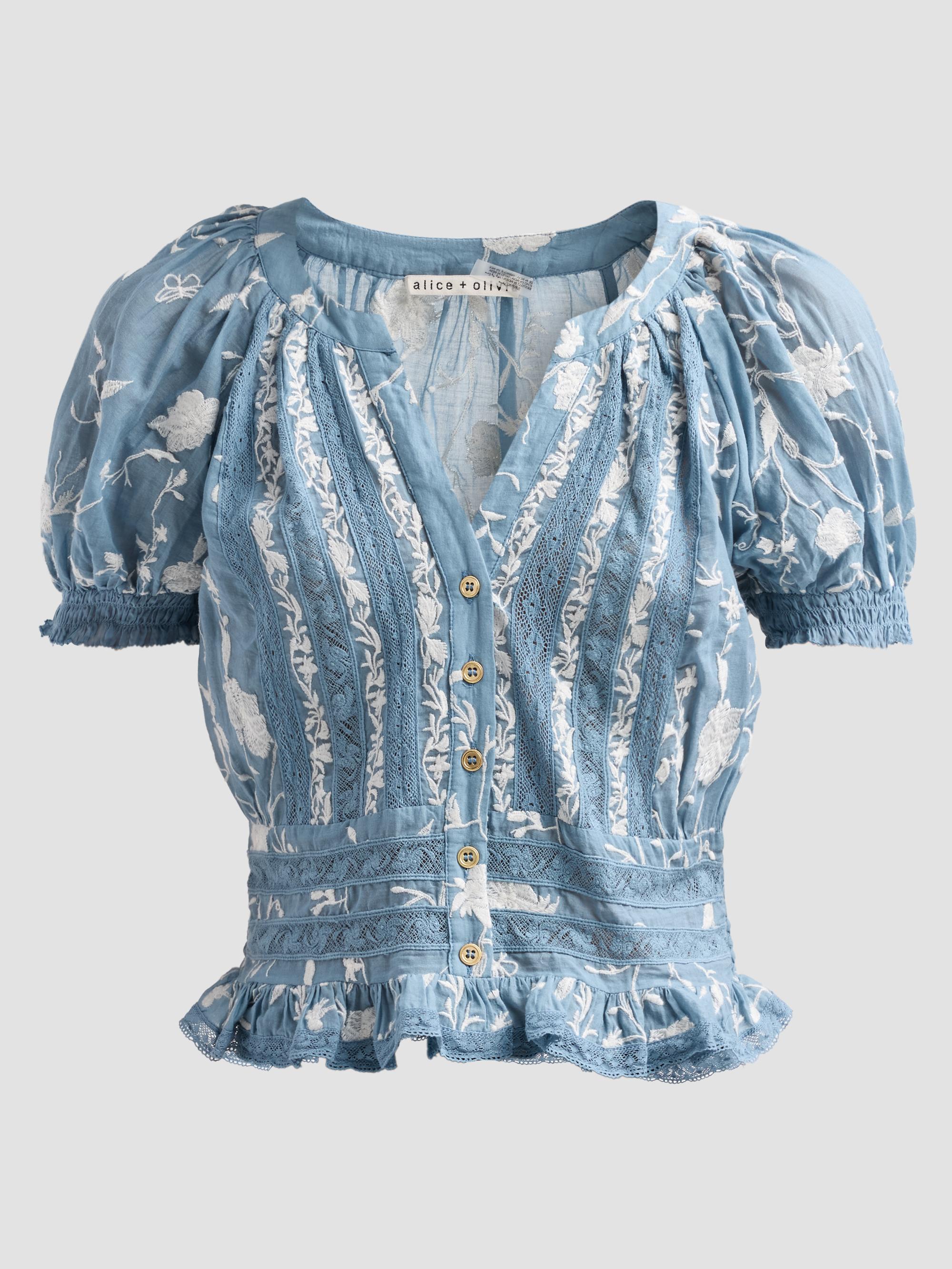 ALICE + OLIVIA Kathryn Embroidered Lace-Trim Blouse | Saks Fifth