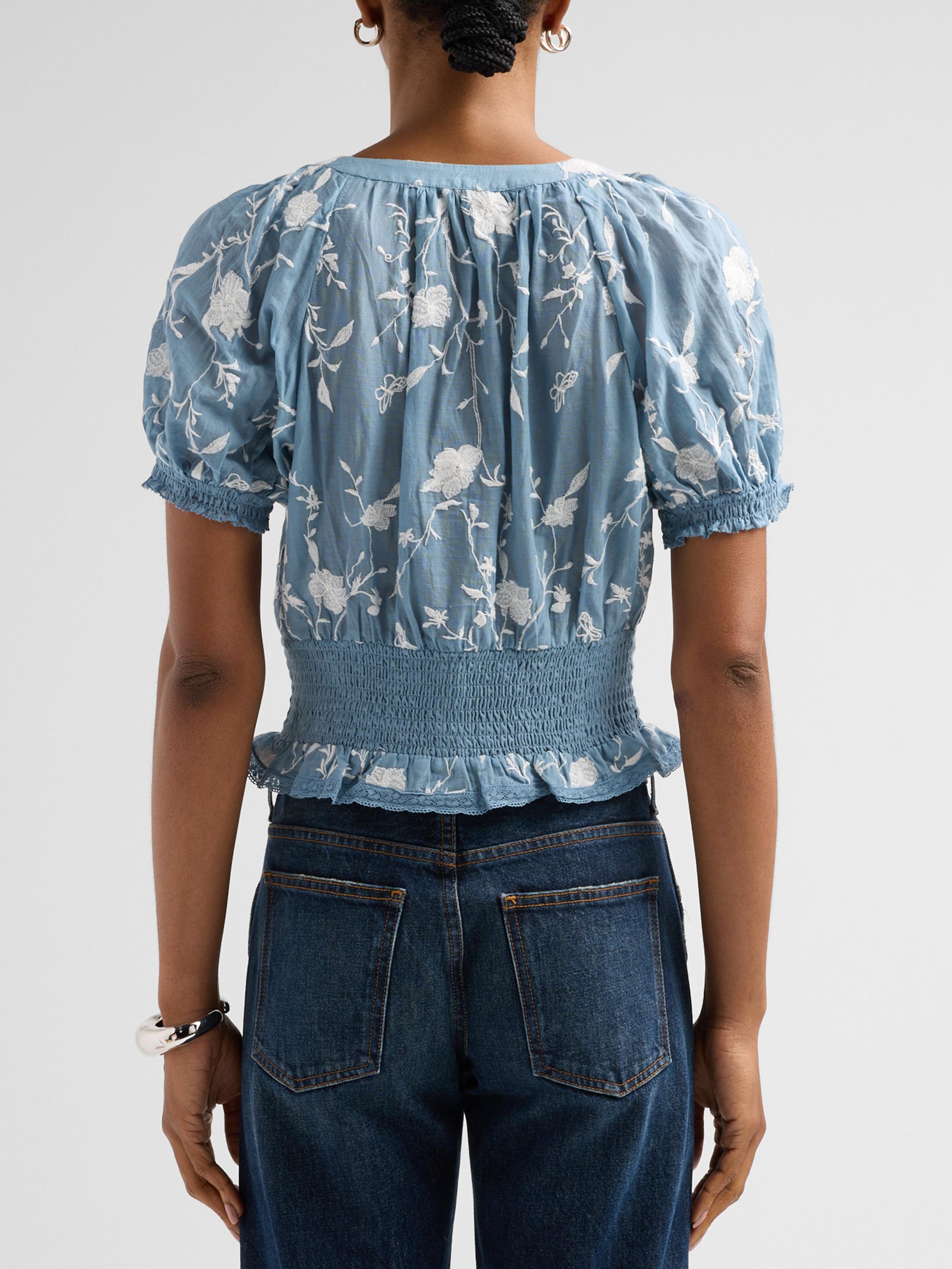 ALICE + OLIVIA Women's Kathryn Lace-Trim Embroidered Blouse - Deep Denim Blue Vanilla | Thumbnail 3