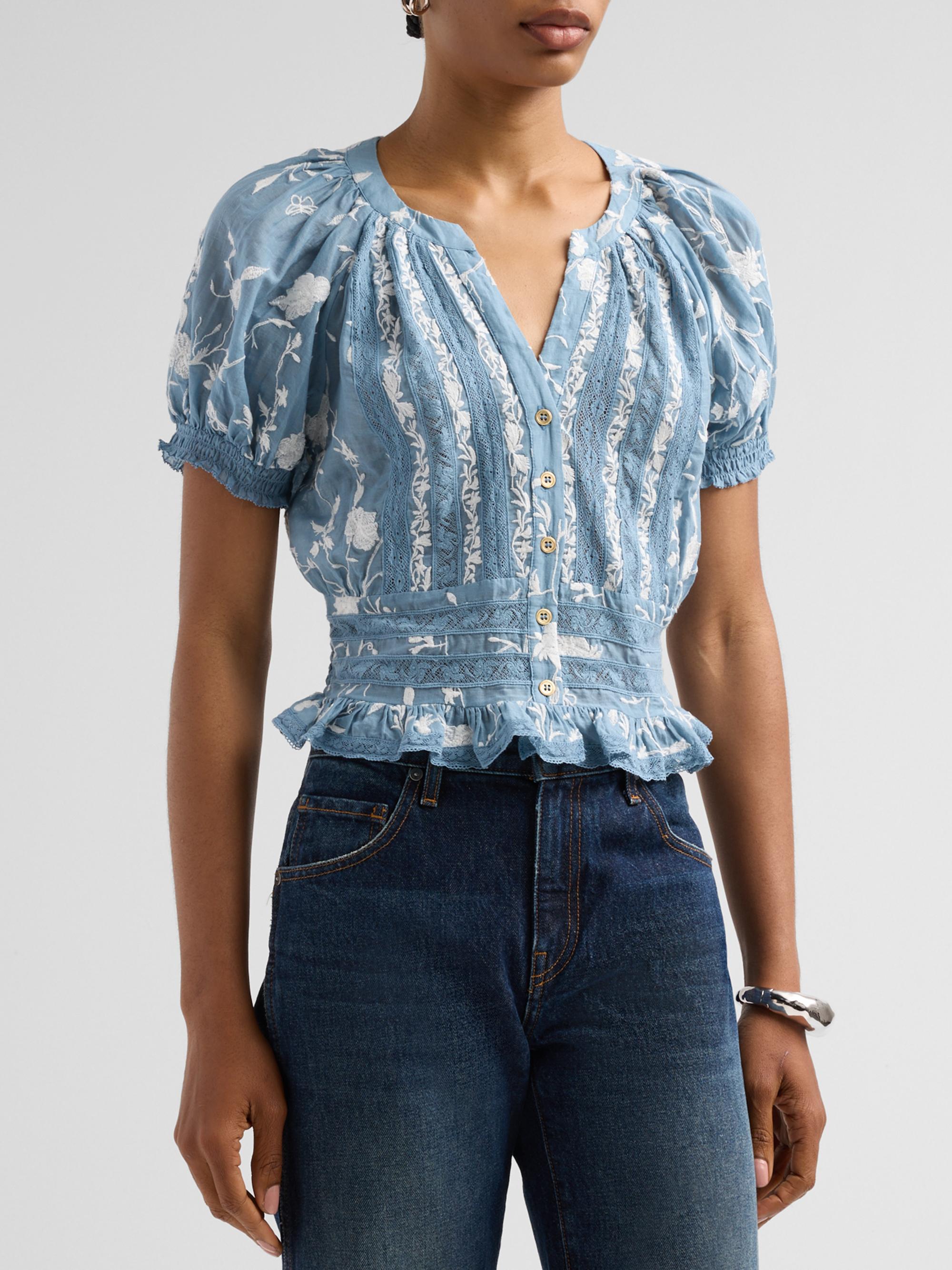 ALICE + OLIVIA Women's Kathryn Lace-Trim Embroidered Blouse - Deep Denim Blue Vanilla | Thumbnail 4