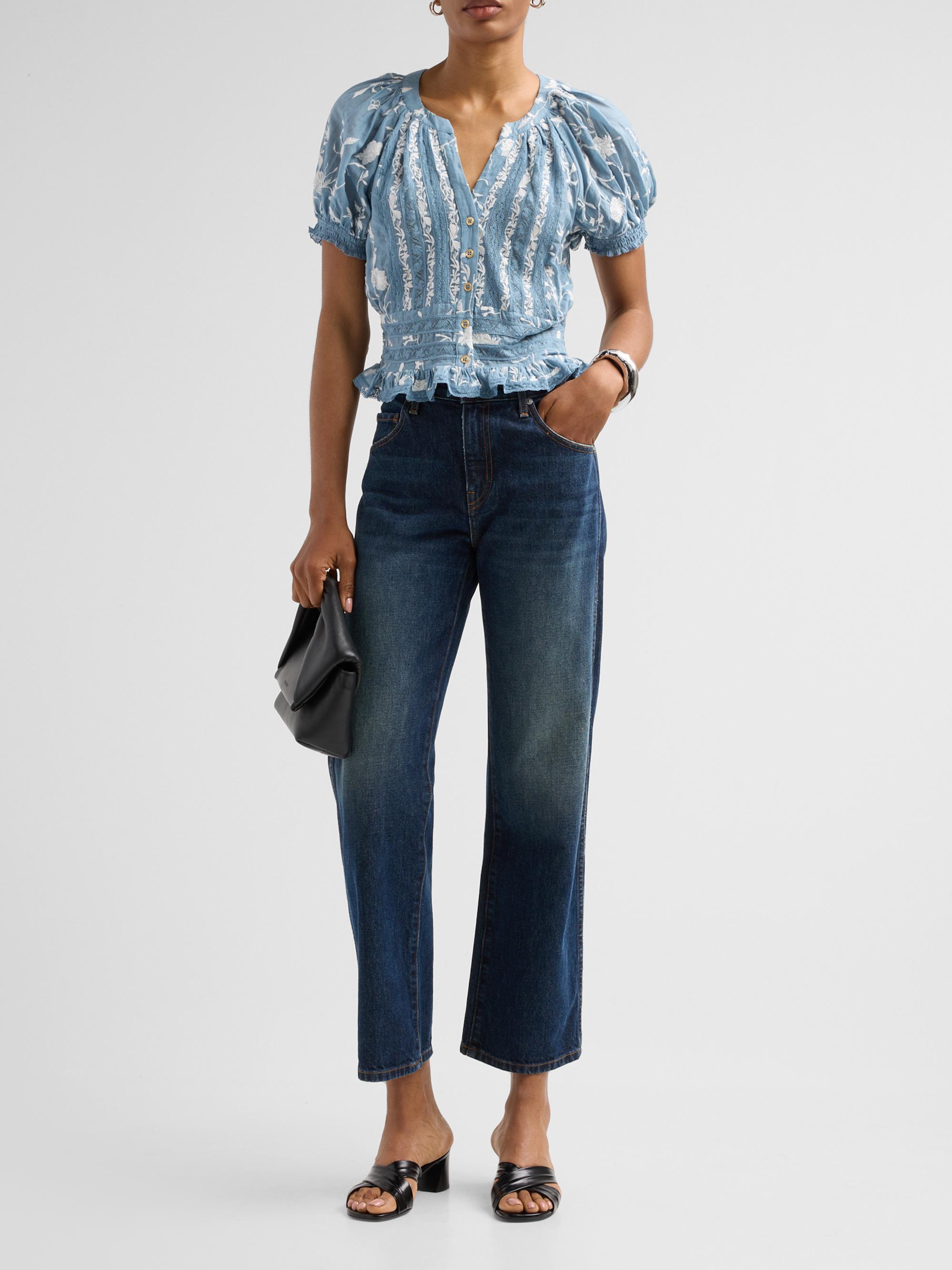 ALICE + OLIVIA Women's Kathryn Lace-Trim Embroidered Blouse - Deep Denim Blue Vanilla | Thumbnail 2